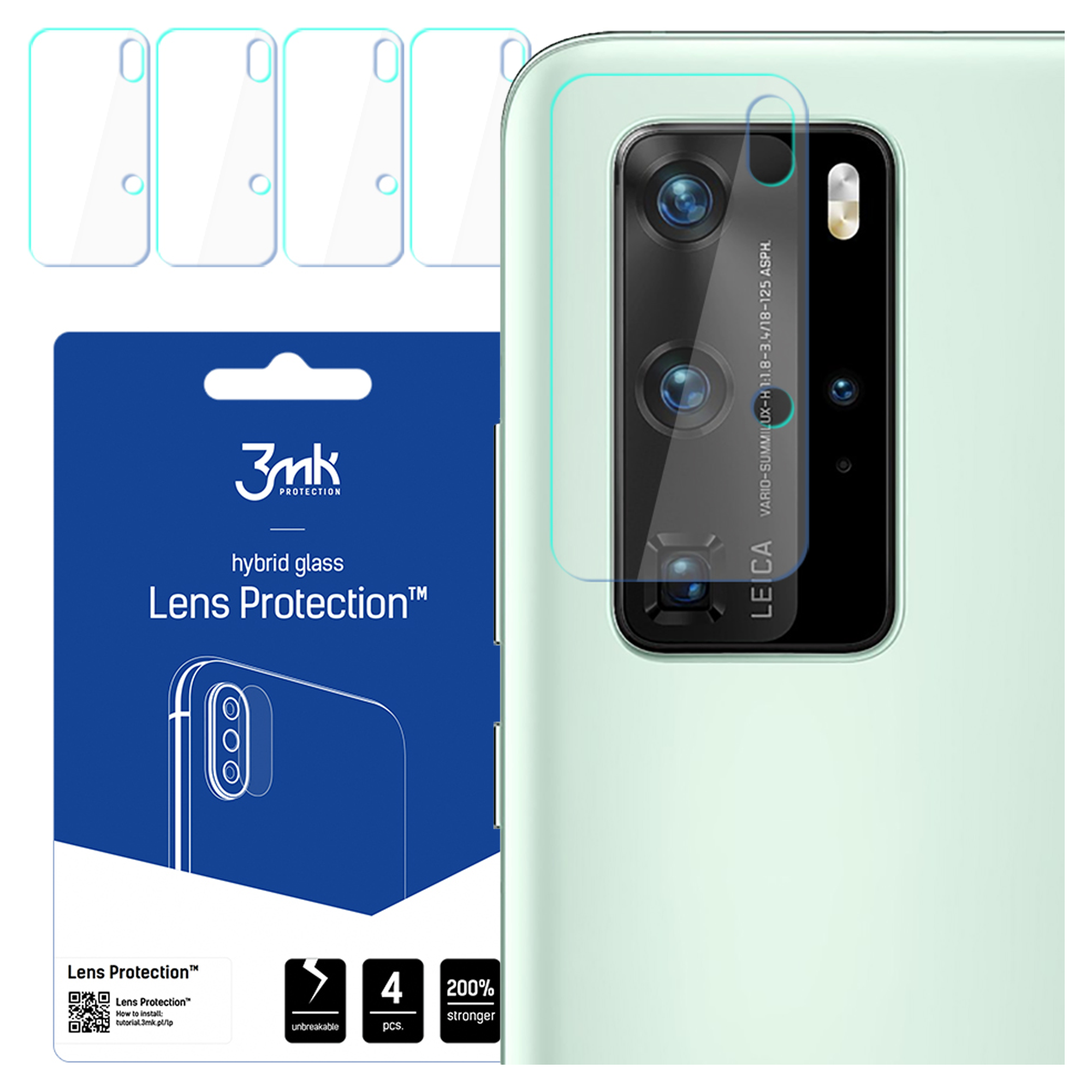 Egy telefon lencsevédővel. A csomag a 3mk márkát mutatja, kék háttérrel és a telefon kamerájának lencséivel.