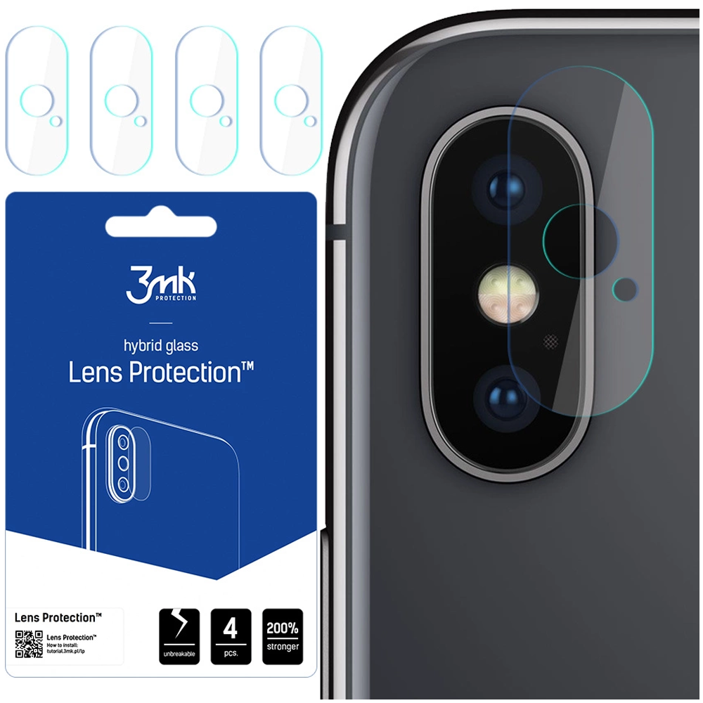 Un kit di protezione per lenti del telefono con 4 protezioni, un telefono e una confezione. La confezione riporta il testo: Lens Protection, 3mk e altro.