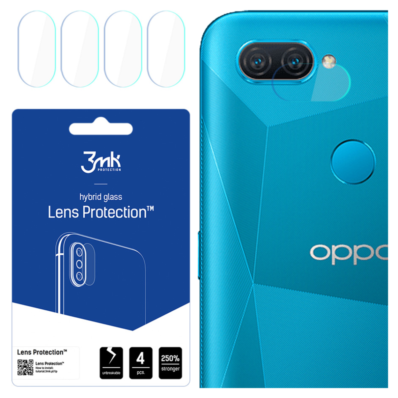 Vengono mostrati un telefono e protezioni per lenti. Il telefono è turchese, con doppia fotocamera. La confezione mostra il marchio e la protezione.