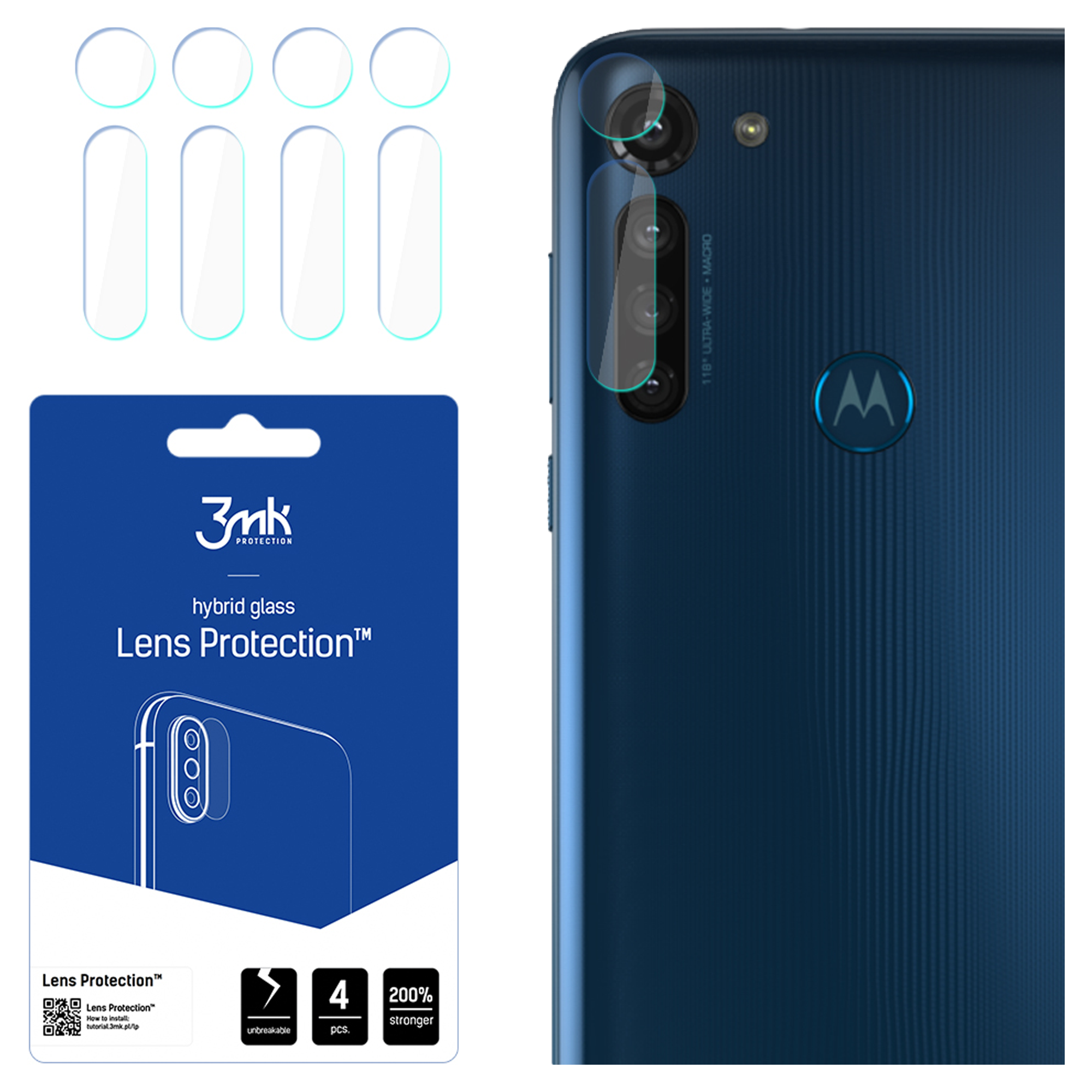 L'immagine mostra protezioni per lenti, un telefono e una confezione. Sulla confezione c'è scritto 'Lens Protection'. Il telefono è blu.