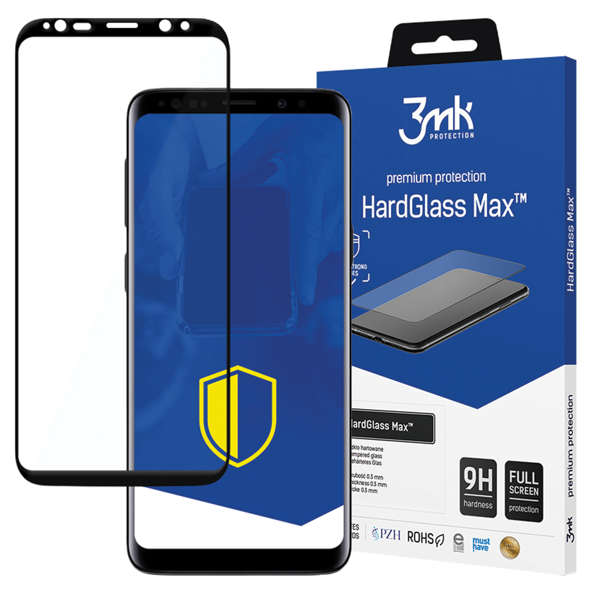 Telefon z ochraniaczem ekranu, pudełko HardGlass Max i zapasowy ochraniacz ekranu na białym tle.