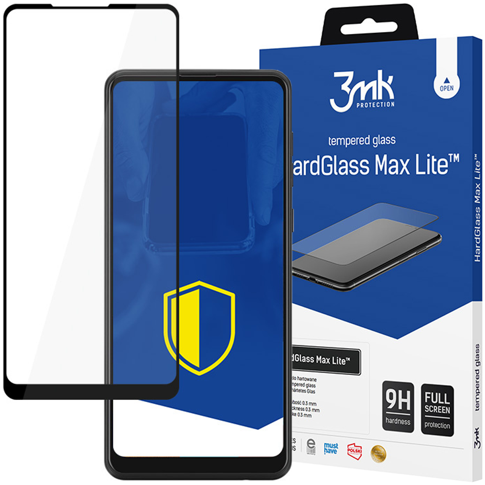 Telefon z ochroną ekranu, pudełko z marką '3mk' i logo tarczy są widoczne.