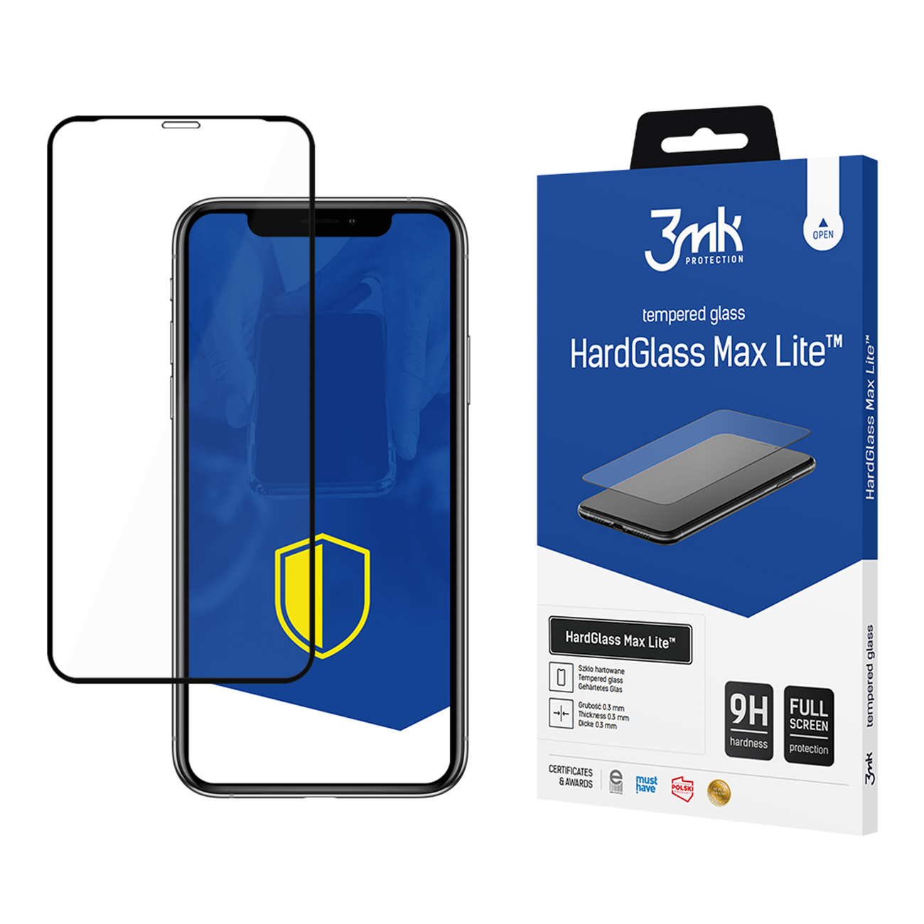 Un telefono e un proteggi schermo sono esposti con la confezione. Il testo sulla confezione include 'HardGlass Max Lite'.