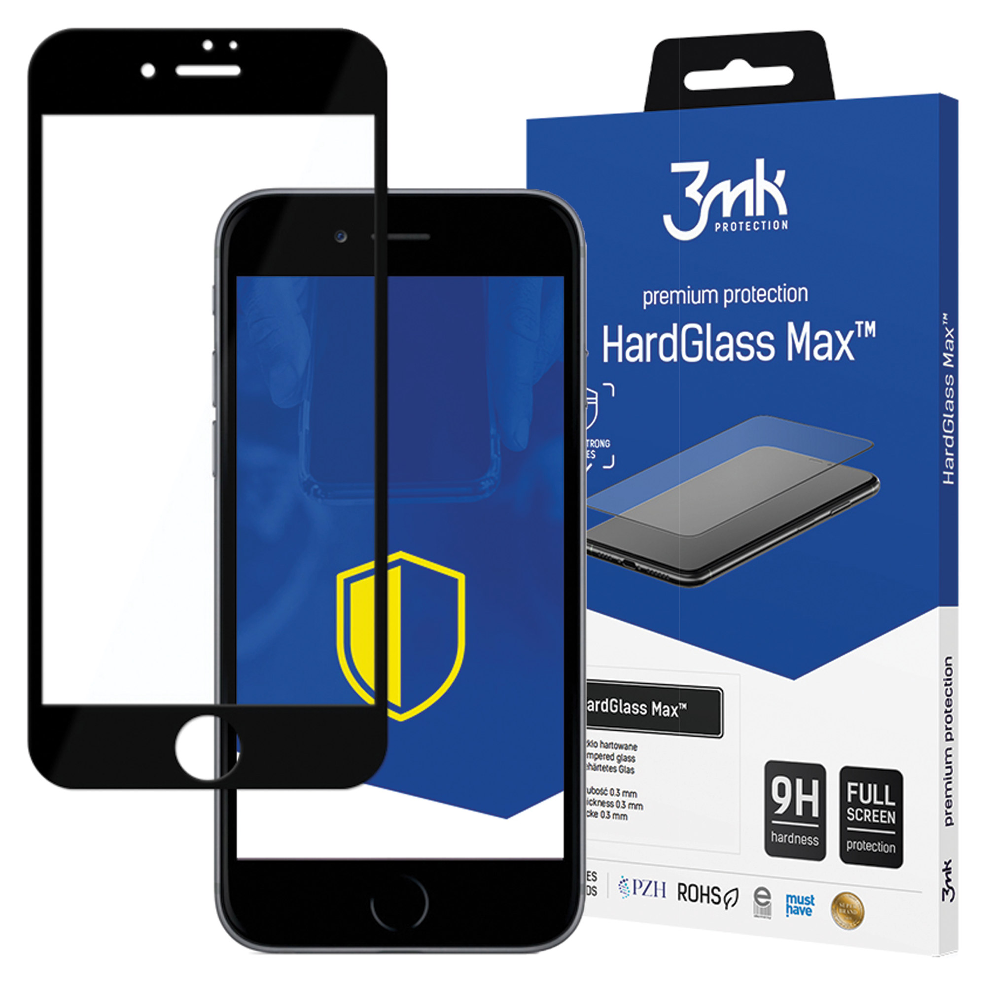 Telefon z ochroną ekranu i jego pudełkiem. Ochraniacz jest czarny, pudełko niebieskie z białym tekstem.