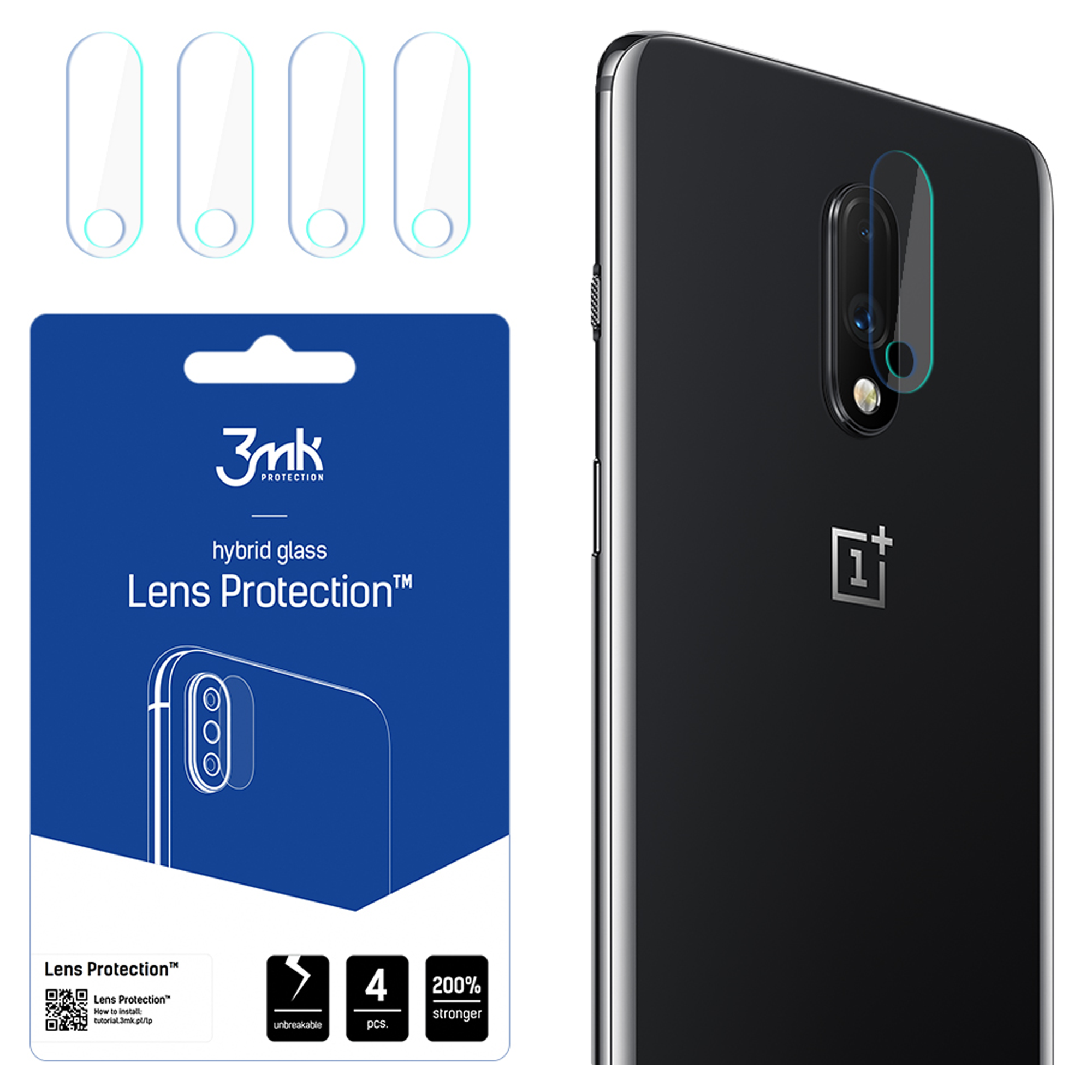 La imagen muestra protectores de lentes de teléfono, embalaje y un teléfono. El embalaje es azul con texto y gráficos blancos.