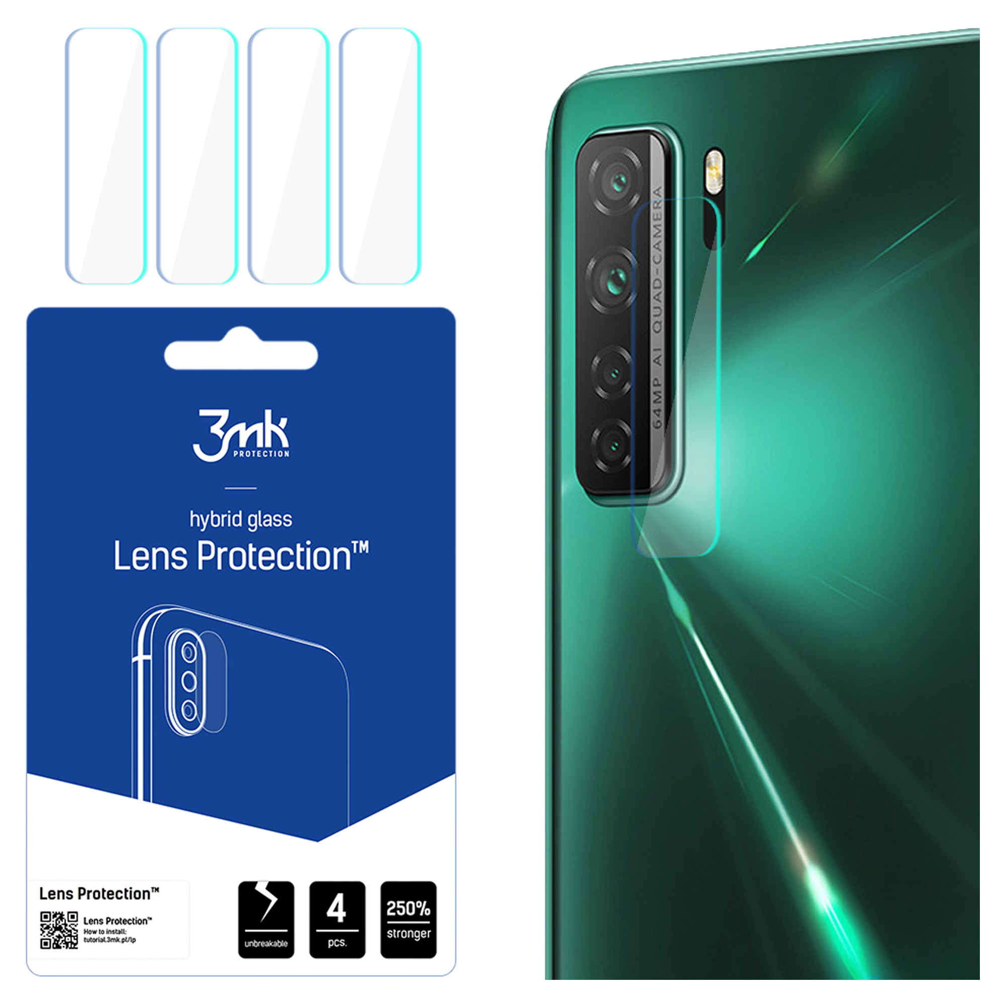 Un kit di protezione dell'obiettivo del telefono con un telefono, protezioni dell'obiettivo e confezione del prodotto. Il telefono è verde e ha una fotocamera.