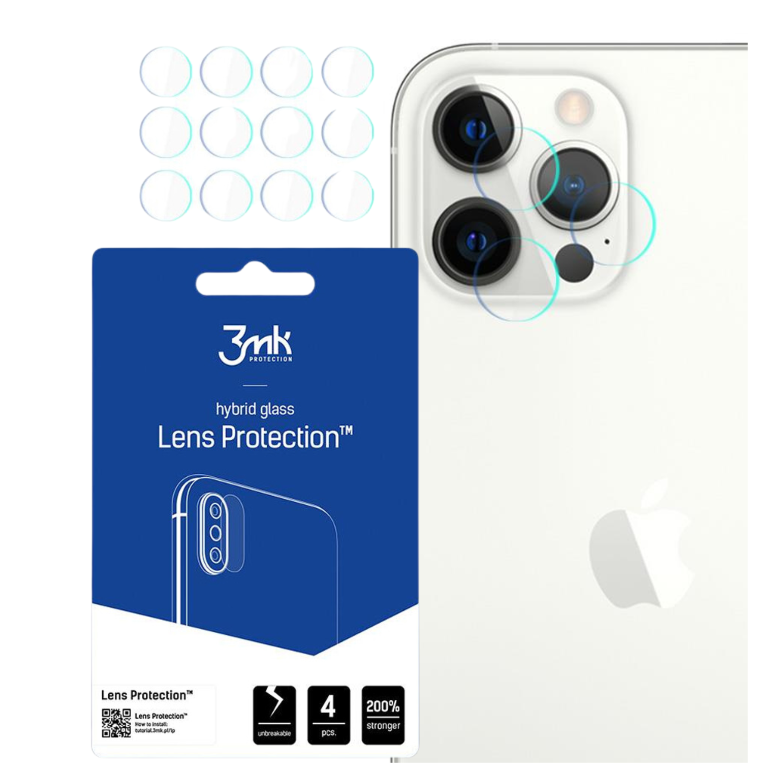 Un telefono con protezioni per lenti. Una confezione blu con testo e un logo Apple bianco.