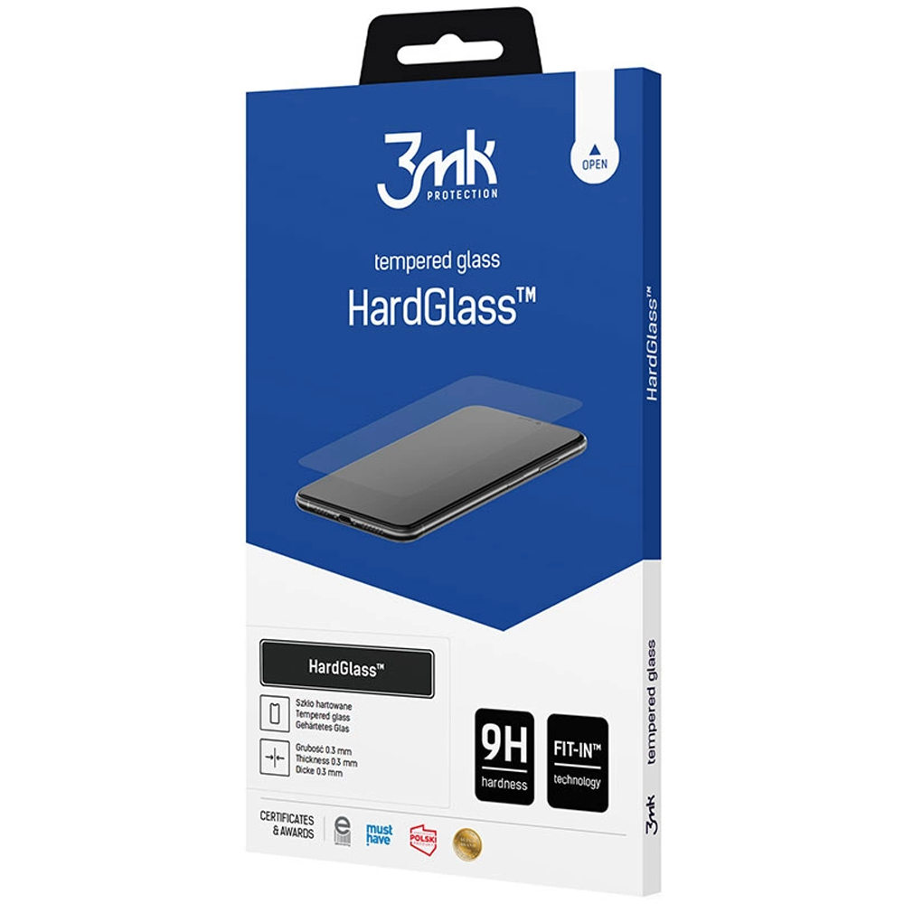 Una scatola blu con un'immagine del telefono. Il testo dice 'HardGlass' e 'vetro temperato'. Include anche durezza 9H e tecnologia Fit-In.