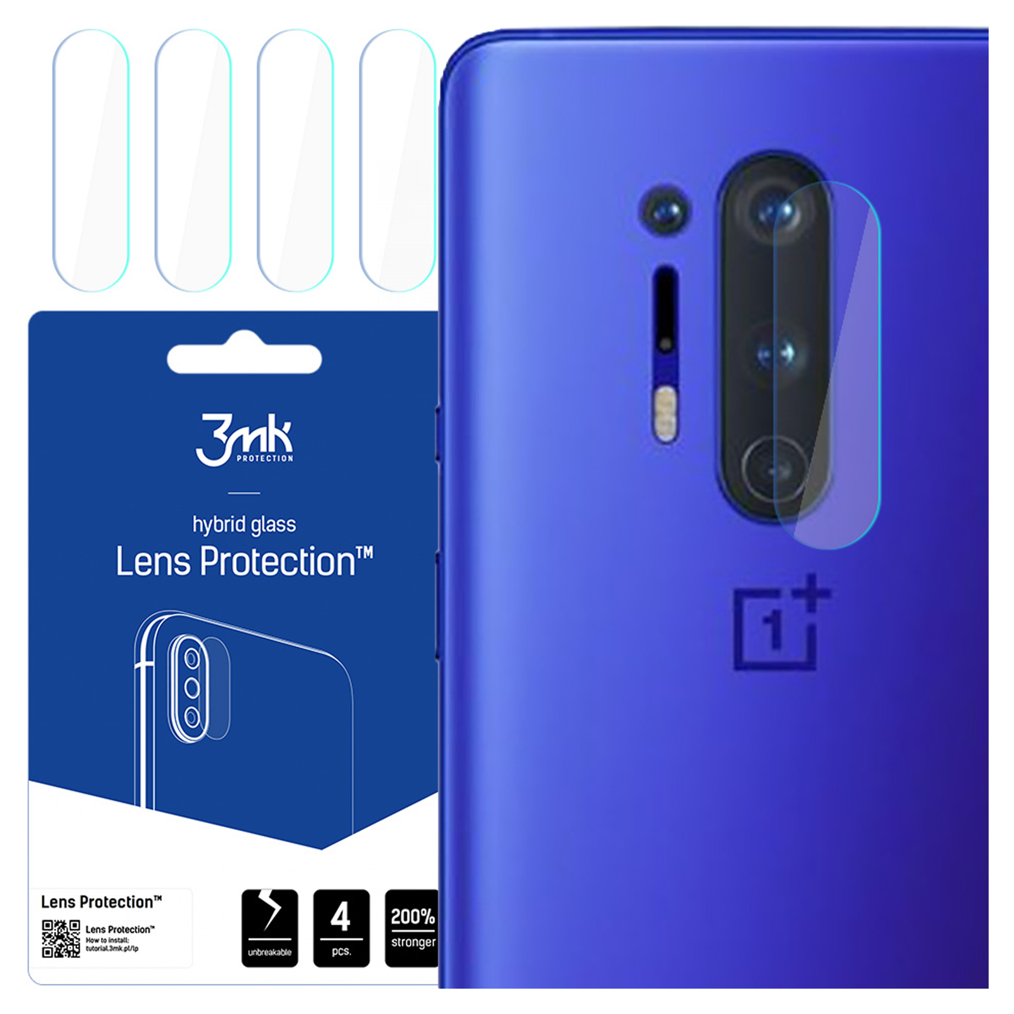 Se muestran un teléfono y protectores de pantalla. El teléfono es azul. El paquete dice 'Lens Protection'.