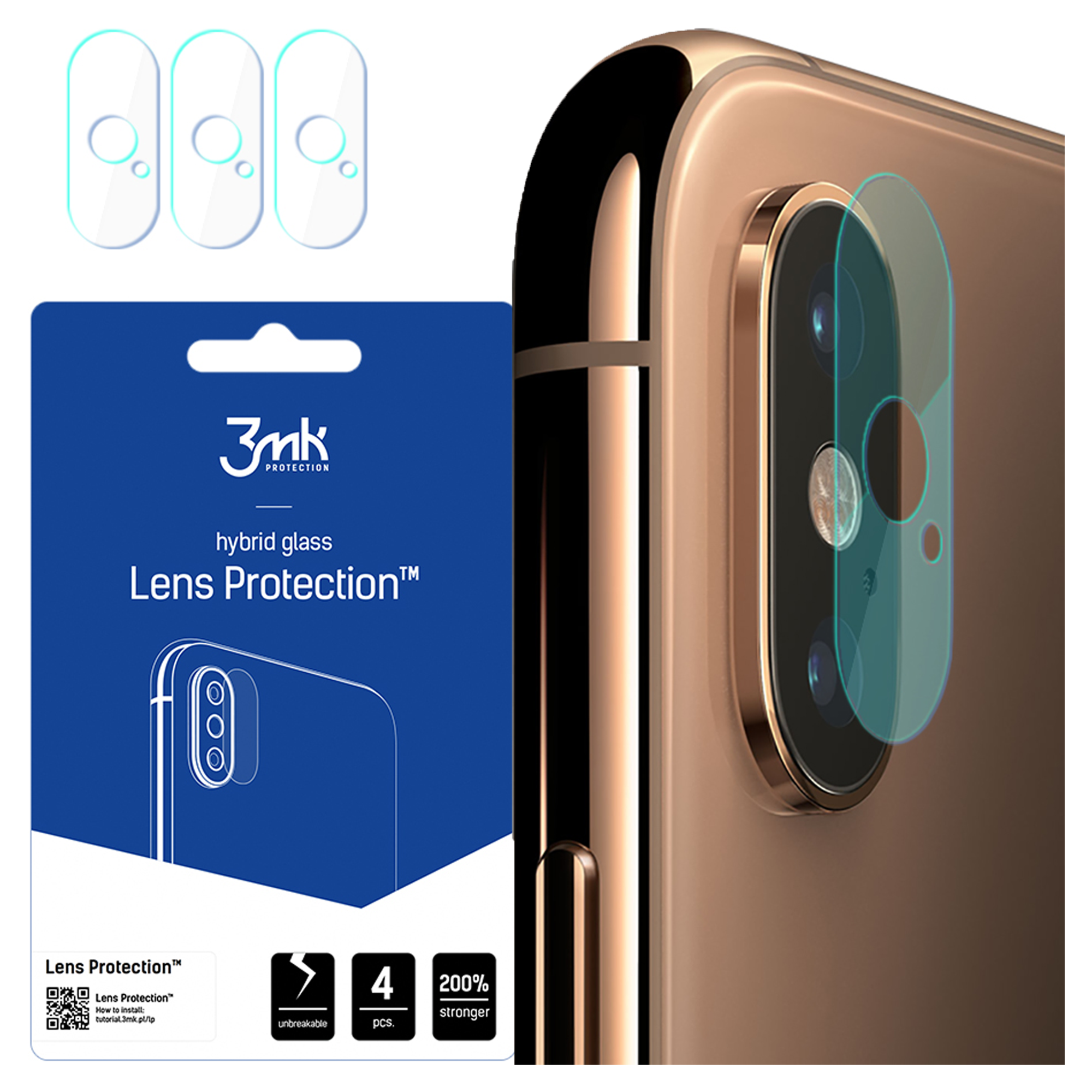 Un telefono con una protezione per lo schermo applicata. Sono visibili anche una scatola blu e tre protezioni per lenti.
