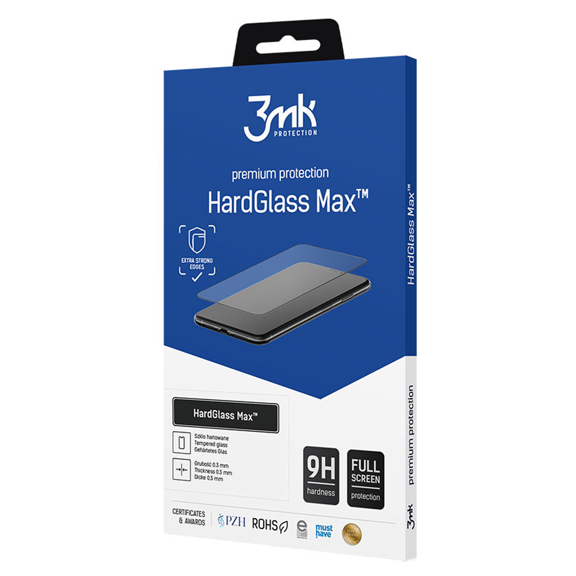 Scatola del proteggi schermo HardGlass Max. Sfondo blu con illustrazione telefono e protezione. Logo 3mk presente.