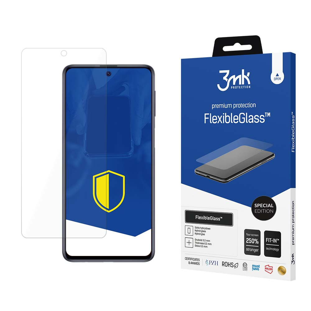 Ochraniacz ekranu telefonu obok pudełka. Na pudełku napis FlexibleGlass, ze zdjęciem telefonu i ochroną 3mk.