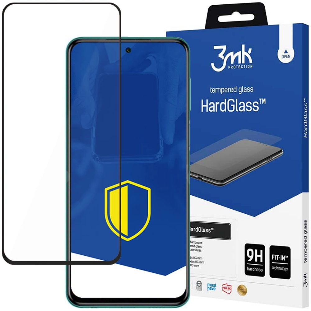 Ochraniacz ekranu i telefon są wyświetlane z opakowaniem. Na opakowaniu napis HardGlass i twardość 9H.