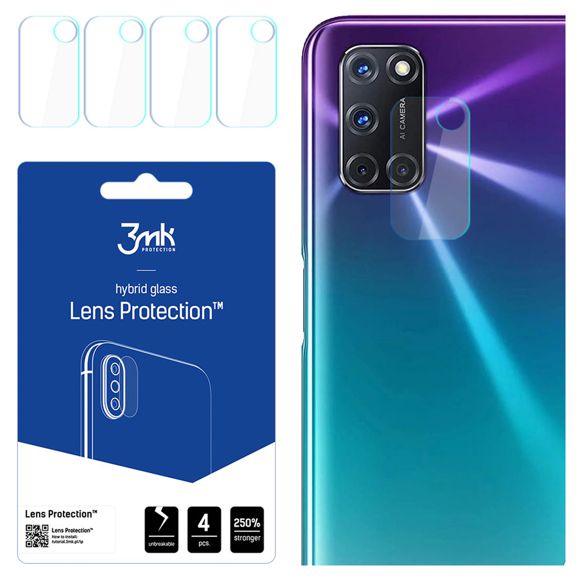 Un kit di protezione dell'obiettivo del telefono con un contorno del telefono, protezioni e un telefono con fotocamera. Confezione blu e bianca.