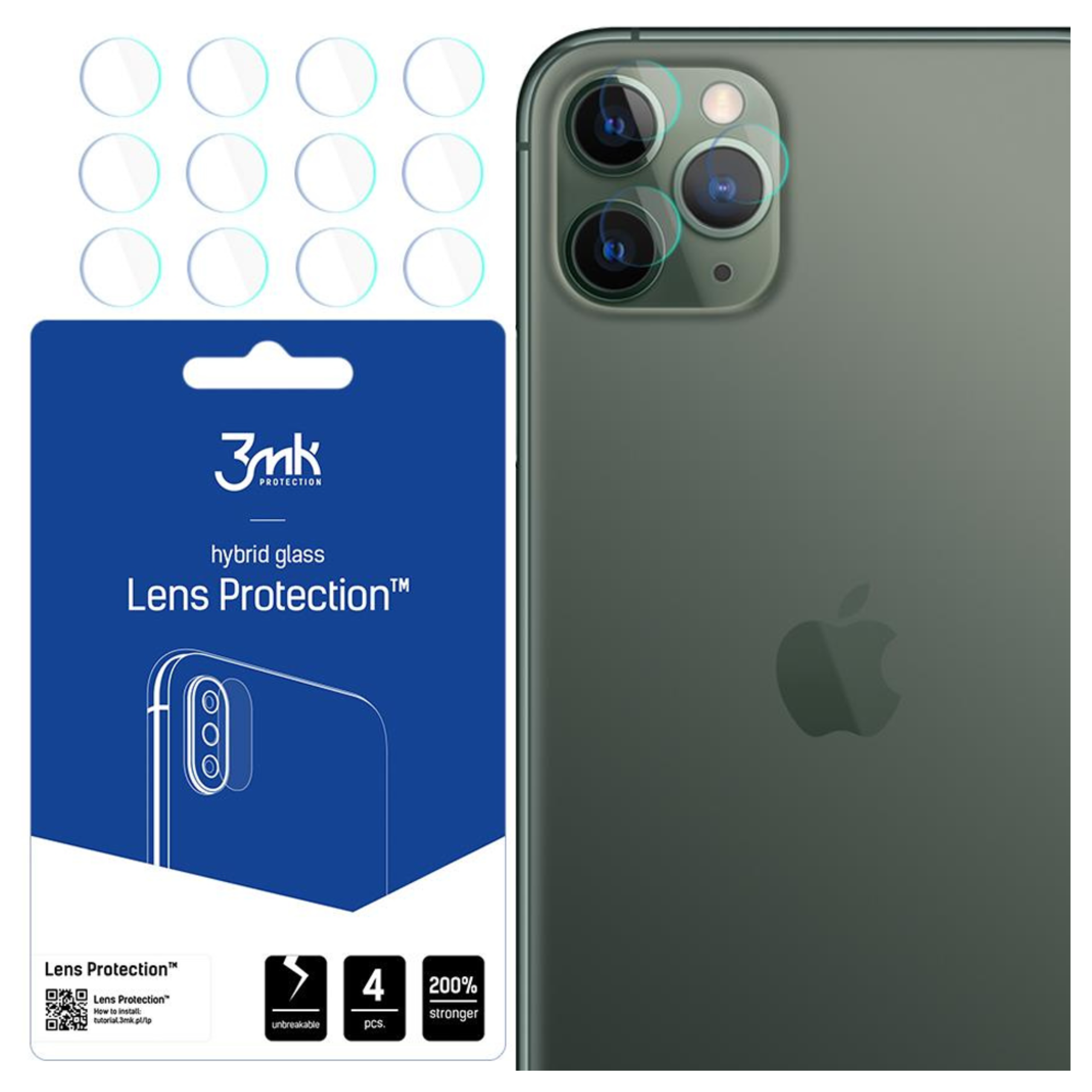L'immagine mostra un telefono con protezioni per lenti. Una confezione blu mostra il marchio e il prodotto. Il telefono ha tre lenti.