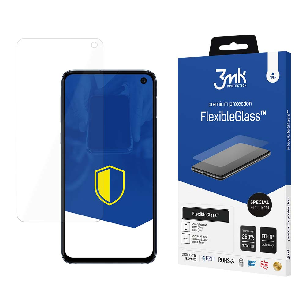 Un proteggi schermo e una scatola. La scatola dice FlexibleGlass, con un'immagine del telefono, e il proteggi schermo è vicino al telefono.