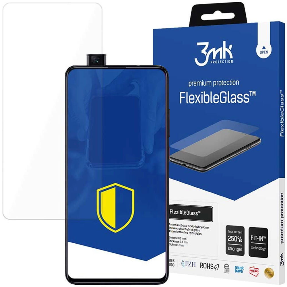 Smartfon z ochraniaczem ekranu, pudełko z marką '3mk FlexibleGlass' i oddzielny szklany ekran.