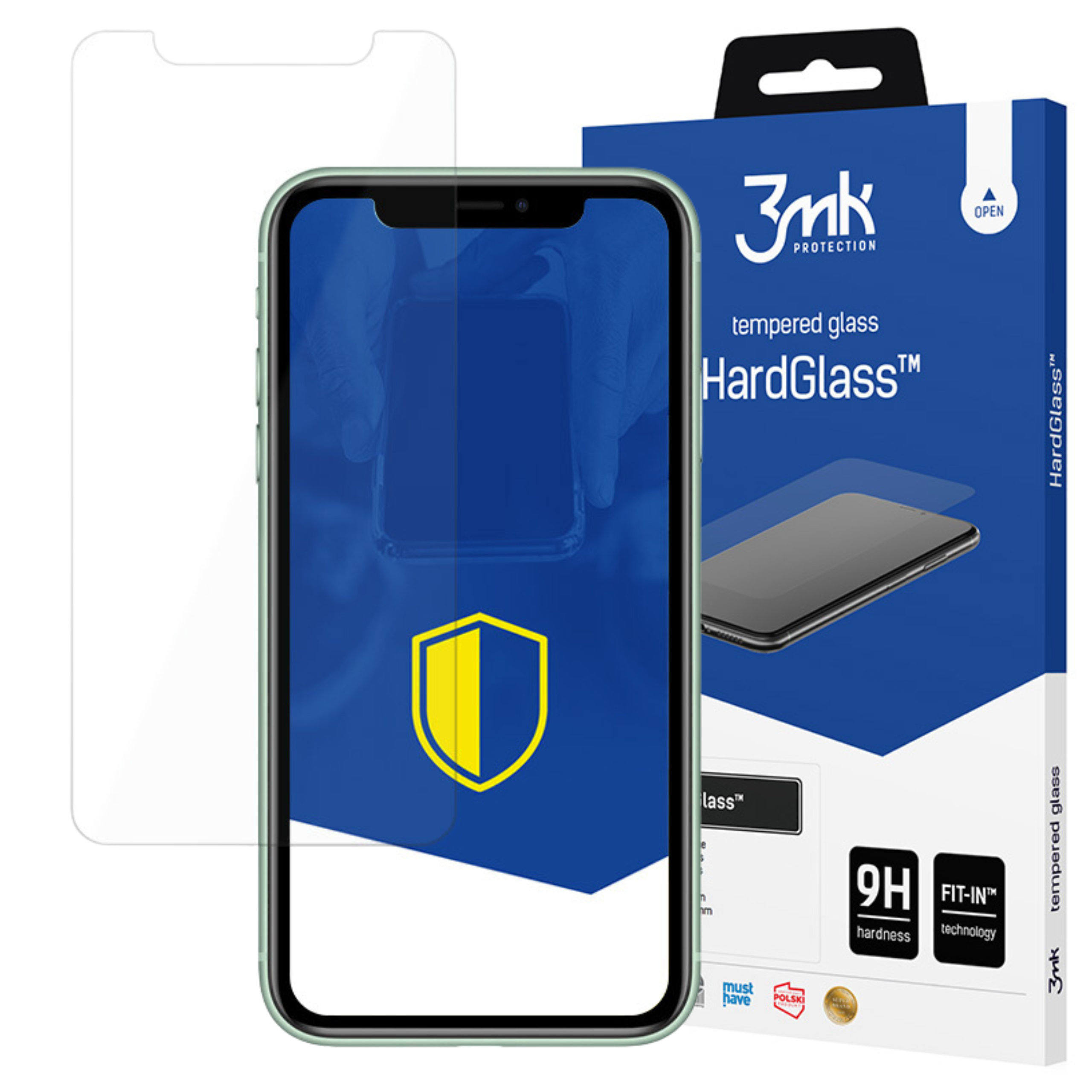 Un proteggi schermo per telefono e una scatola. Lo schermo del telefono mostra uno scudo giallo su sfondo blu.