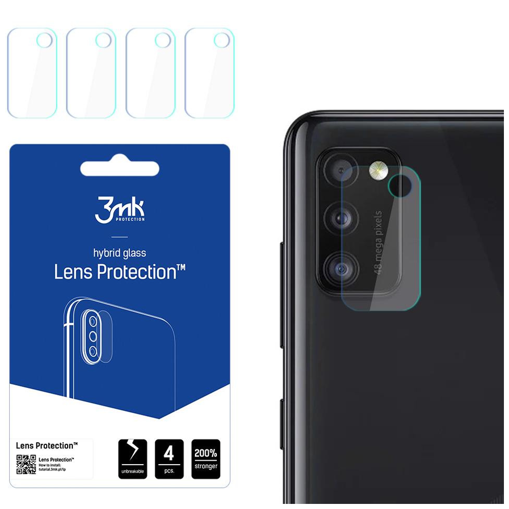 Un kit di protezione per lenti del telefono con retro del telefono e scatola 3mk. La scatola ha il testo 'Lens Protection'. Protezione sul telefono.