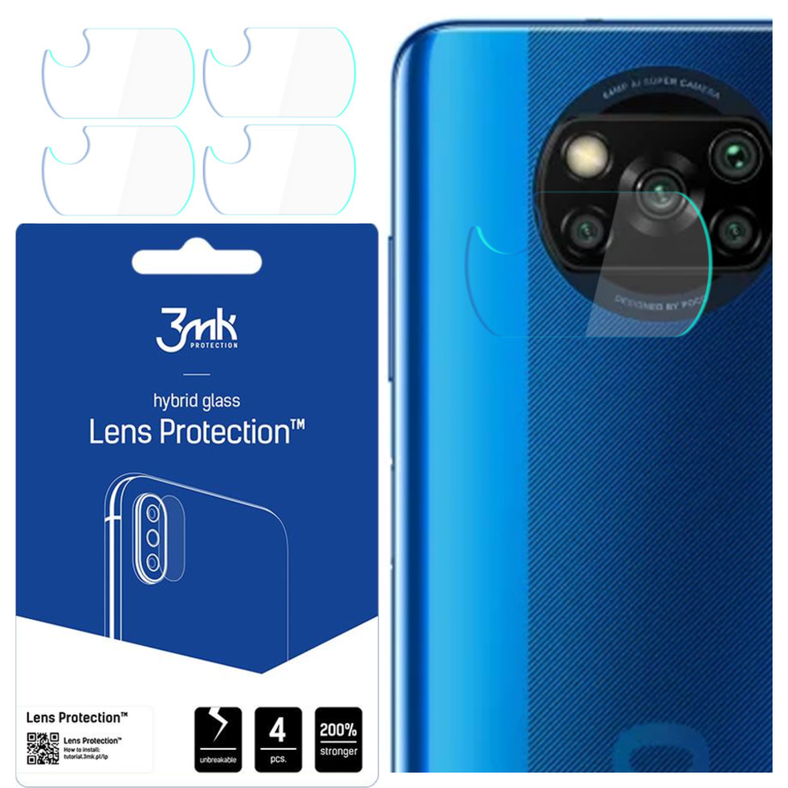 Un telefono e protezioni per lenti sono esposti. Le protezioni sono trasparenti e il telefono è blu. La confezione è blu e bianca.