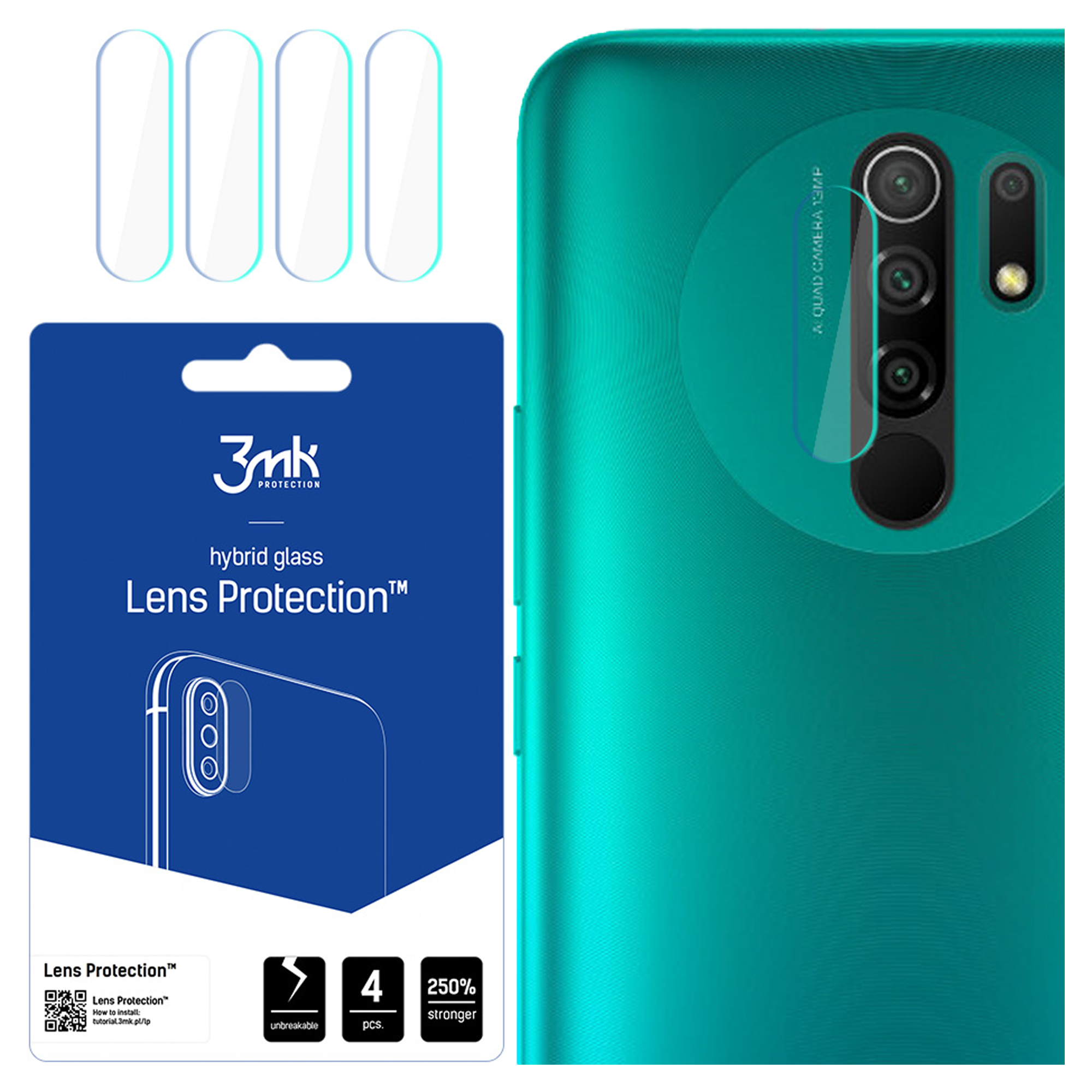 Sono mostrati un proteggi obiettivo del telefono e un telefono. Il proteggi è su una scheda blu con testo e il telefono è verde.