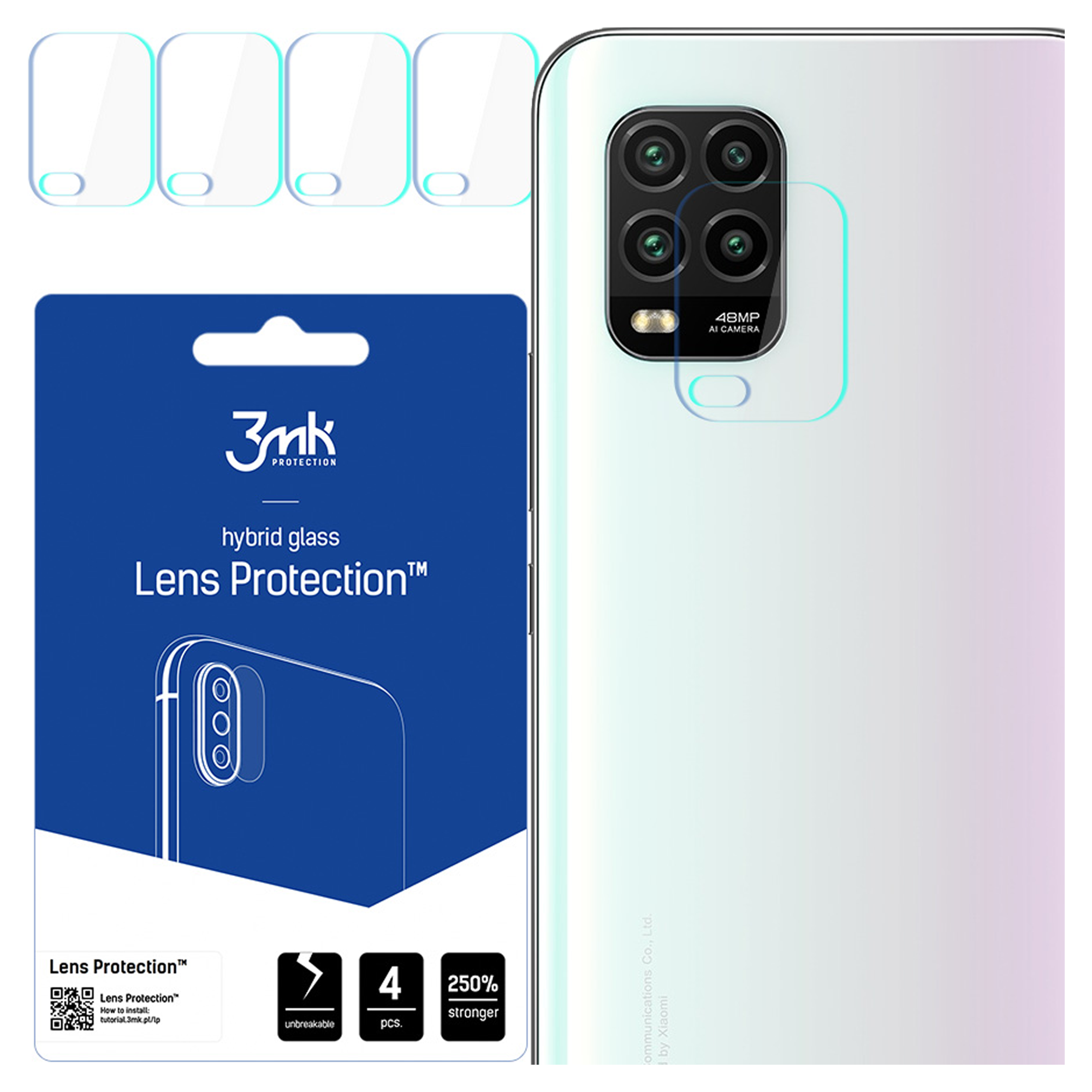 Un telefono con protezione per l'obiettivo della fotocamera, confezione a sinistra, quattro protezioni per l'obiettivo e un telefono bianco con fotocamera.