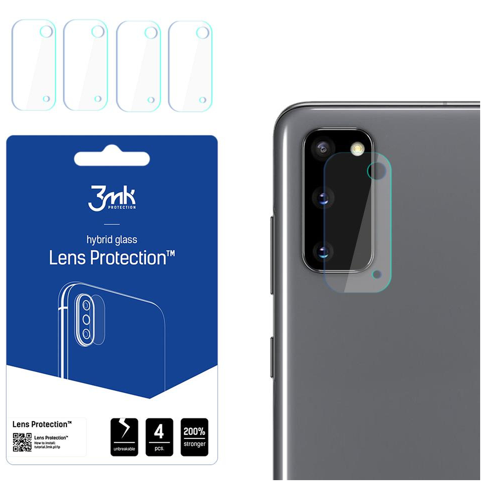 Un telefono con un proteggi obiettivo, insieme a una confezione di proteggi obiettivo. La confezione recita 'Lens Protection' e '3mk'.