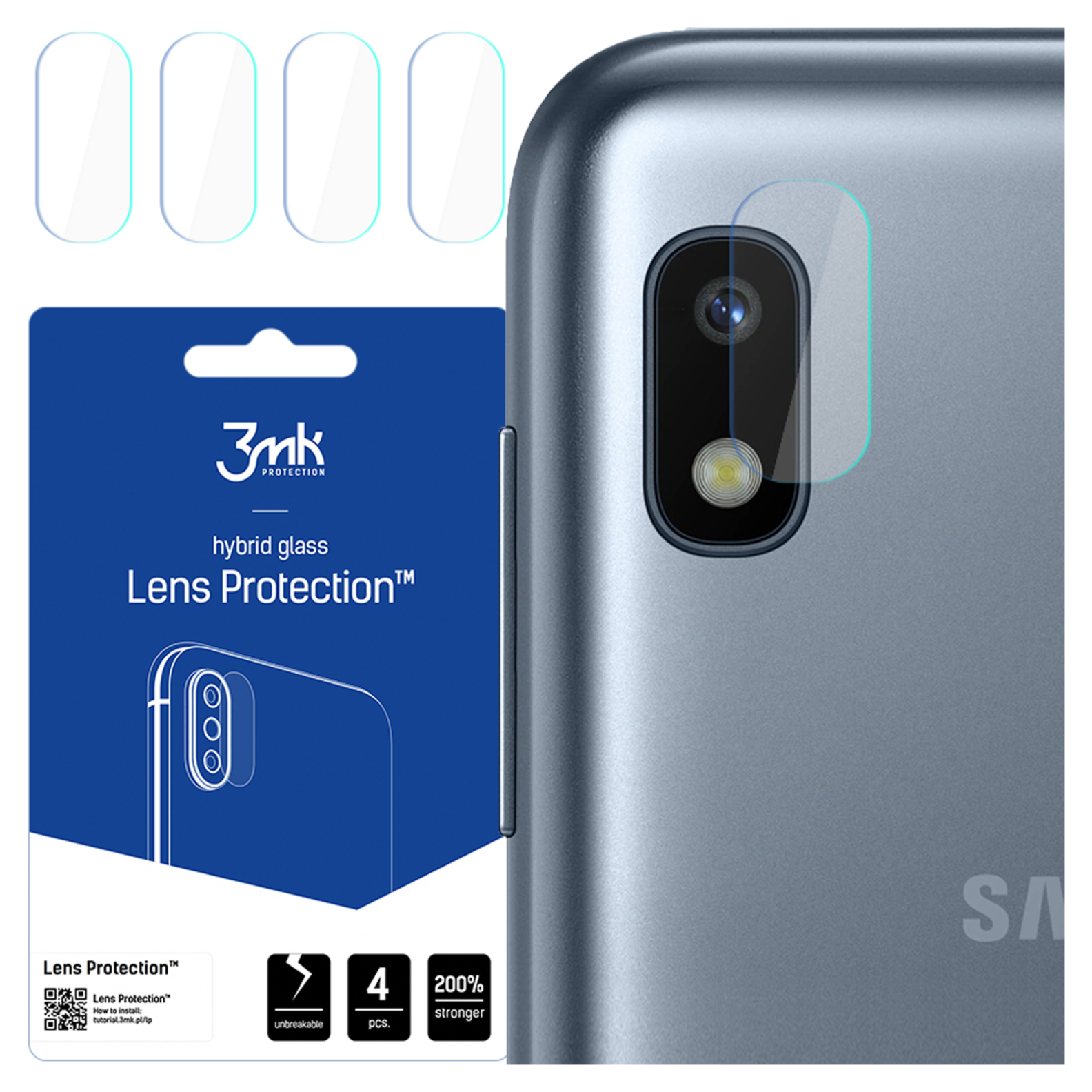 L'immagine mostra protezioni per lenti del telefono e un telefono. Sulla confezione c'è scritto 'Lens Protection'.
