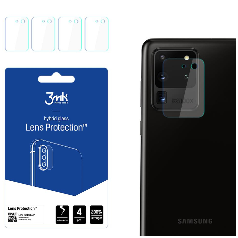 Un telefono e una confezione con protezione per lenti. La confezione ha il marchio 3mk. Ha anche dettagli come infrangibile e più resistente.