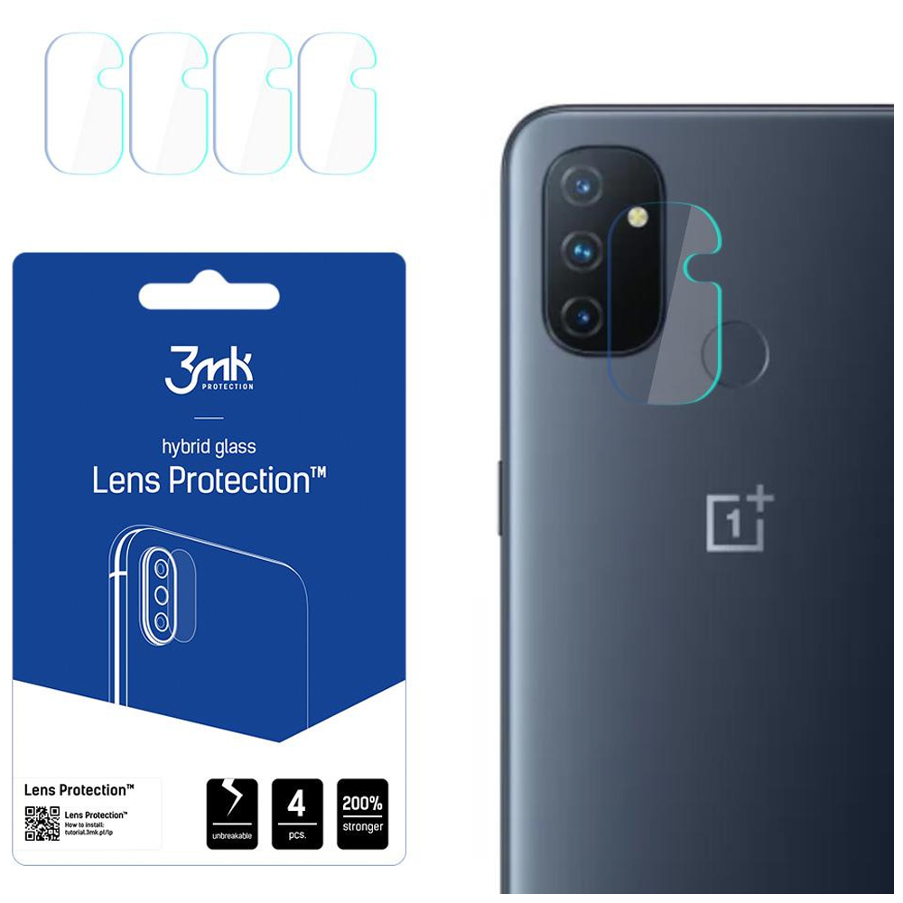 Un telefono e un kit di protezione dell'obiettivo sono mostrati. Il kit è blu. Il telefono è grigio scuro. Il kit dice Protezione lente.