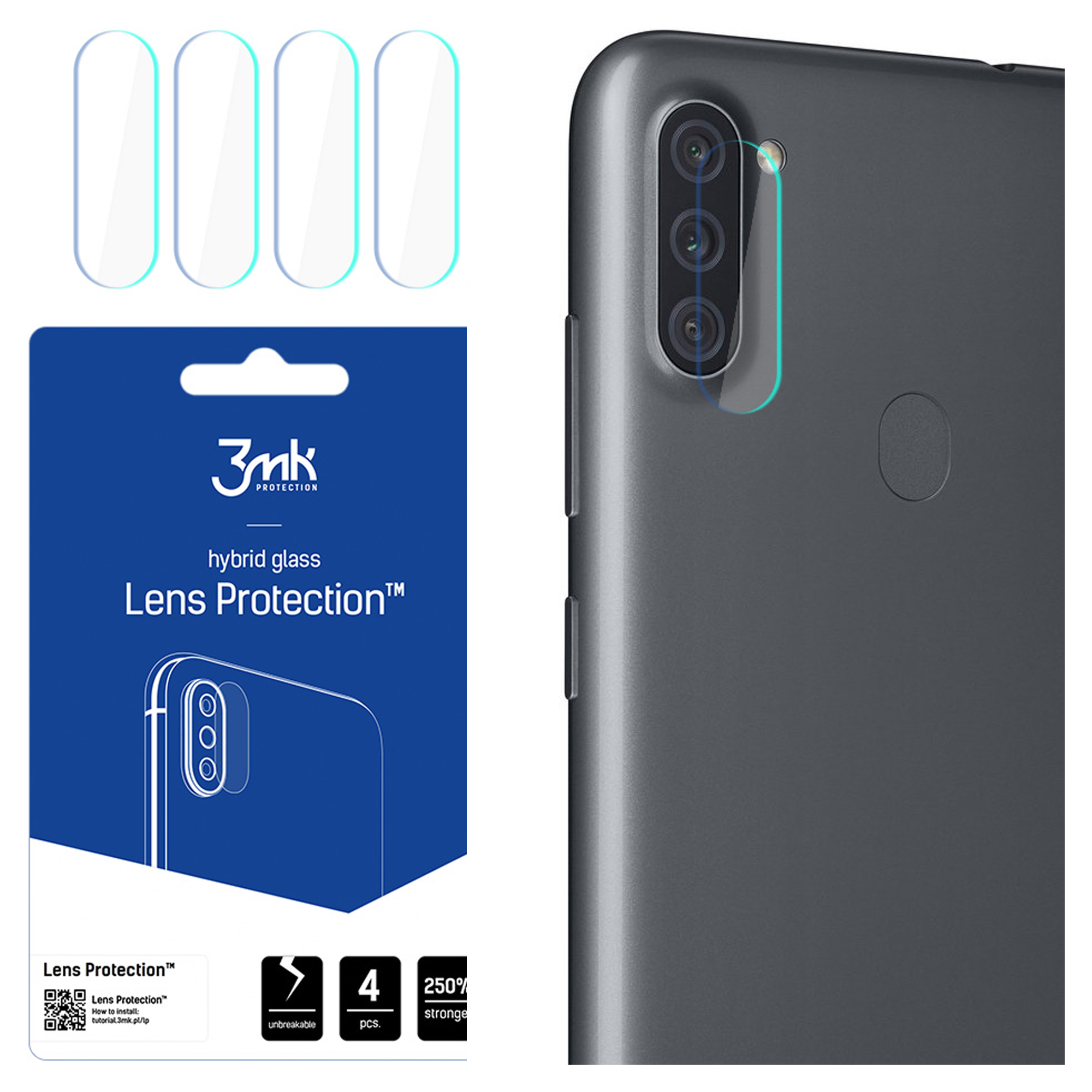 Vengono mostrati un telefono e protezioni per lenti. Le protezioni sono trasparenti, oblunghe. Un pacchetto blu mostra i dettagli del prodotto.