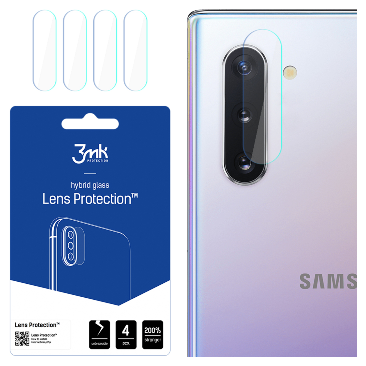 Un kit di protezione per lenti del telefono con 4 protezioni, un telefono e una confezione 3mk Protection. Il telefono ha una protezione per lenti della fotocamera.