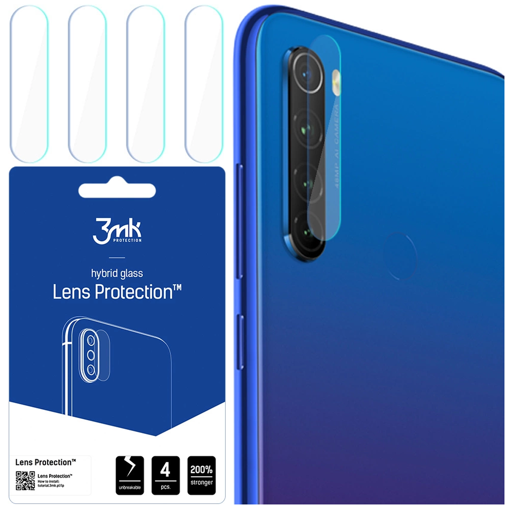 Vengono mostrati un telefono e protezioni per lenti. Il telefono è blu con un array di fotocamere. La confezione mostra 4 protezioni, infrangibili.