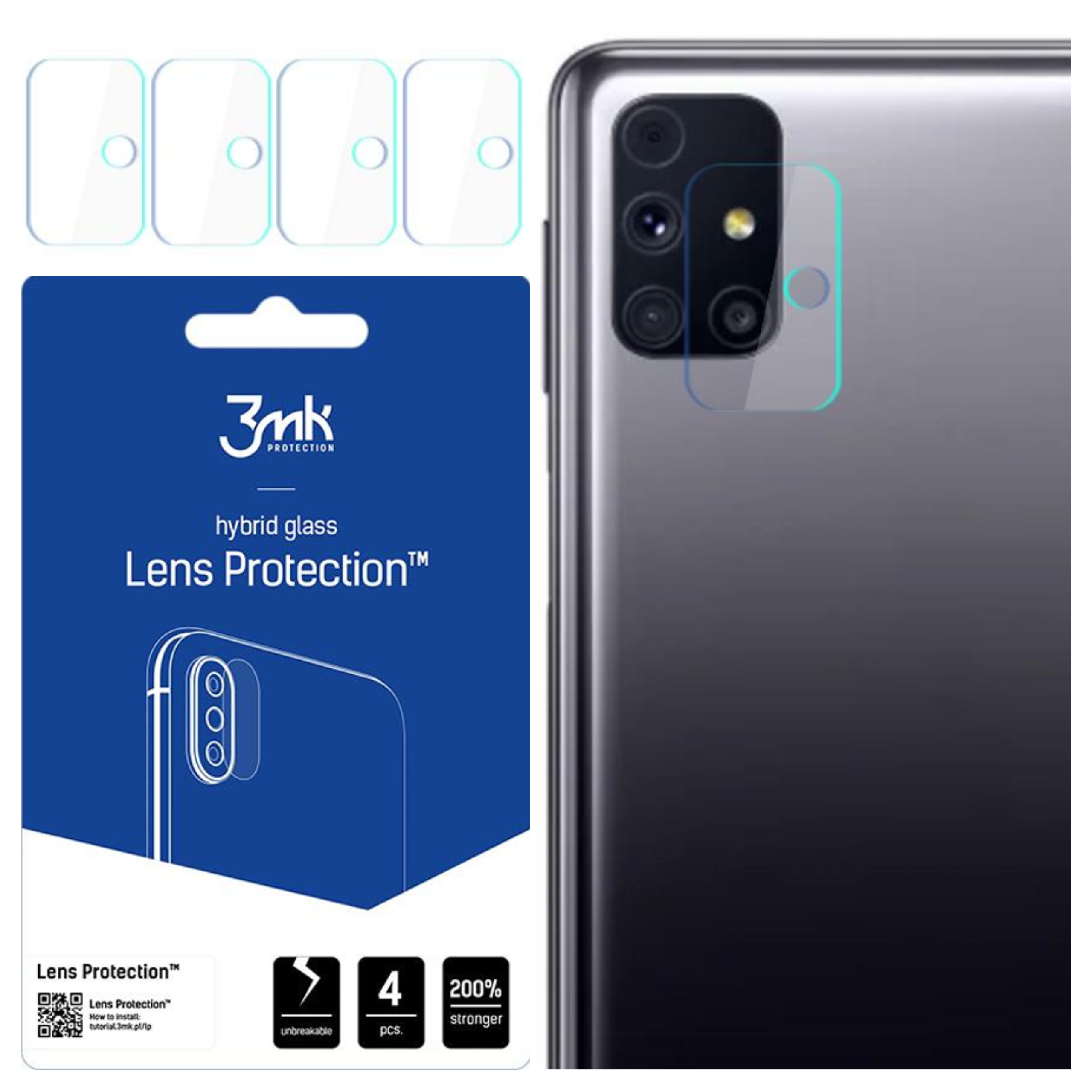 Un telefono con protezione per l'obiettivo della fotocamera, quattro protezioni in alto a sinistra e una confezione del prodotto a sinistra.