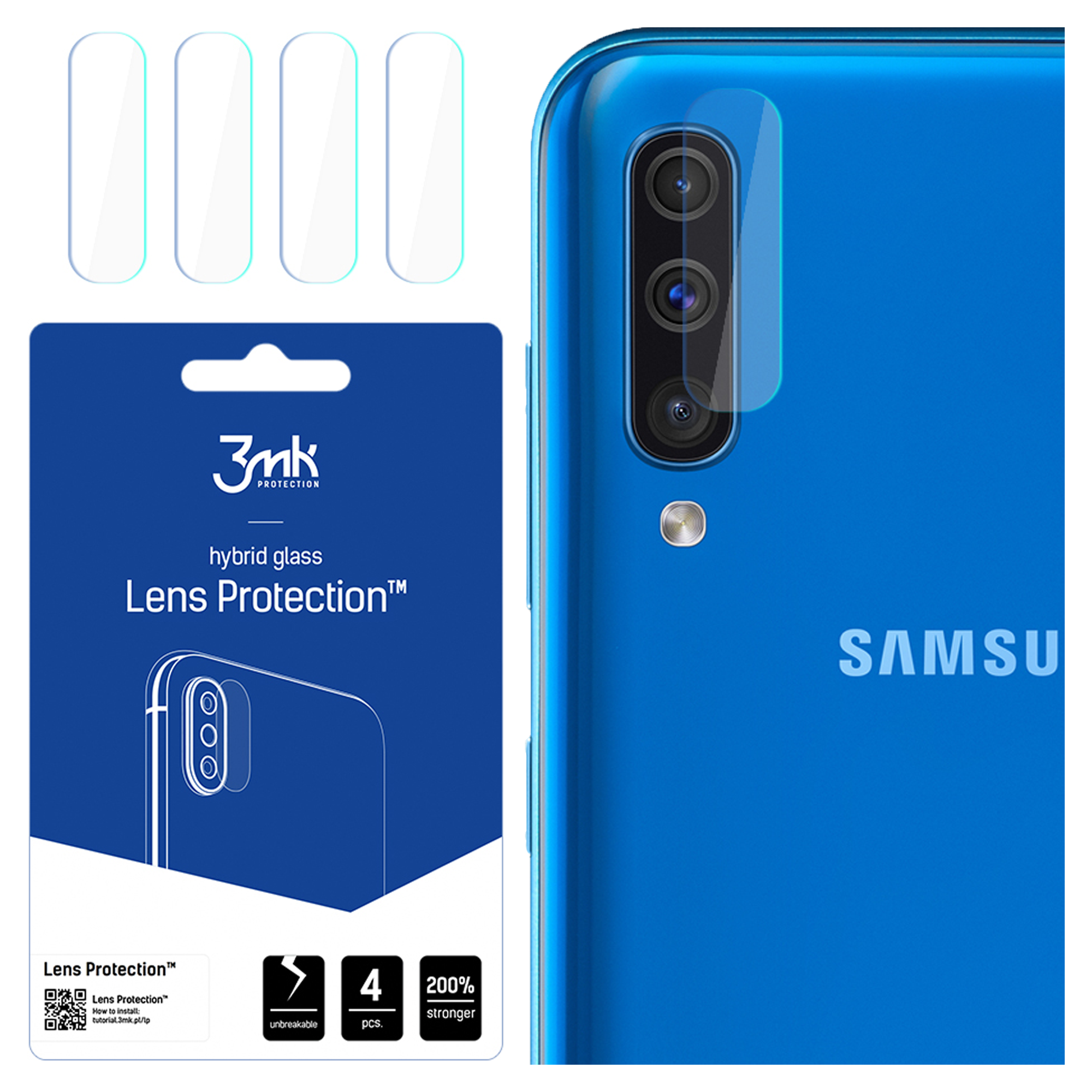 Un telefono con adesivi proteggi lente e una confezione. Il telefono è blu. Gli adesivi sono trasparenti.