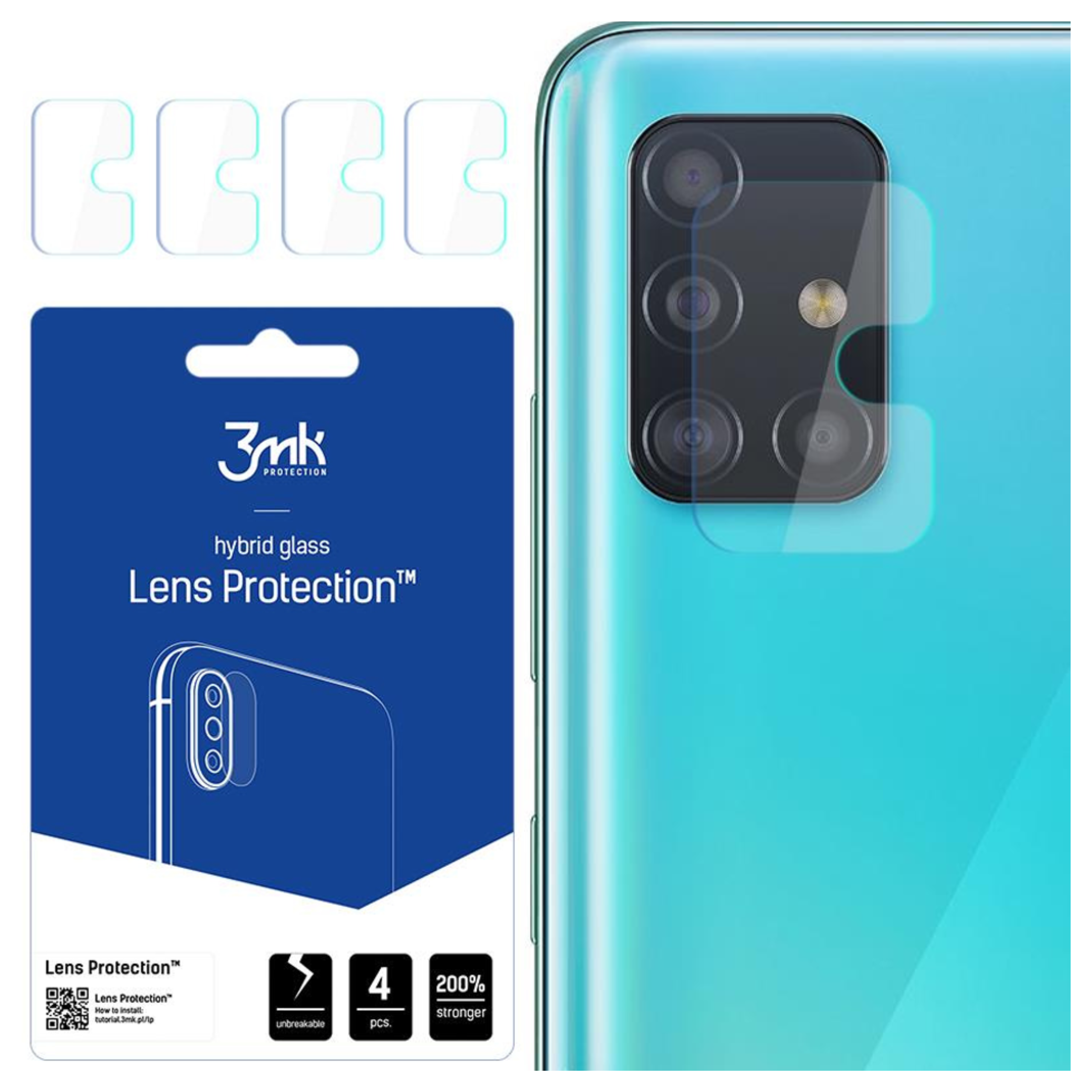 Un telefono e una confezione di protezione delle lenti. Il telefono è turchese. La confezione è blu con testo bianco.