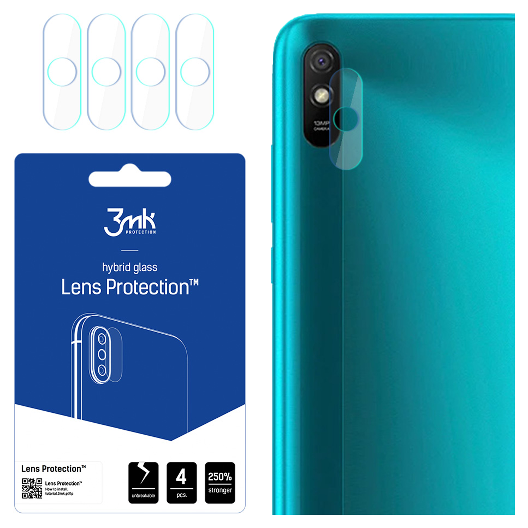 L'immagine mostra un retro telefono teal con protezione lente fotocamera e un pacchetto di protezione lente.