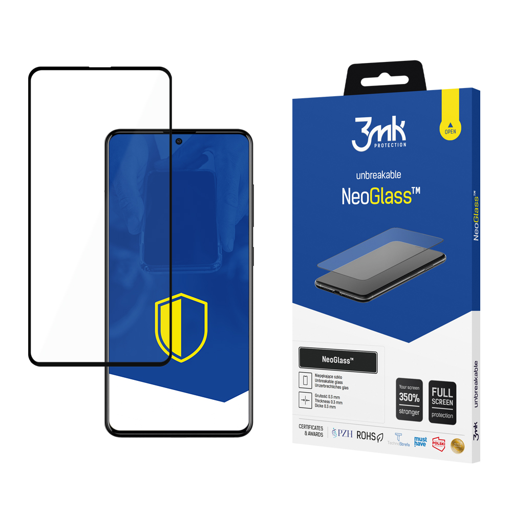 Telefon i pudełko z ochraniaczem ekranu. Na pudełku napis 'NeoGlass'. Telefon ma ochraniacz. Tło jest białe.