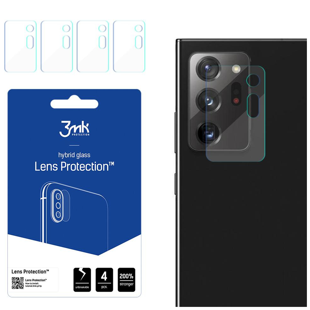 Un kit di protezione per lenti per telefono con 4 protezioni, un telefono e l'imballaggio. Il telefono ha un rigonfiamento della fotocamera.