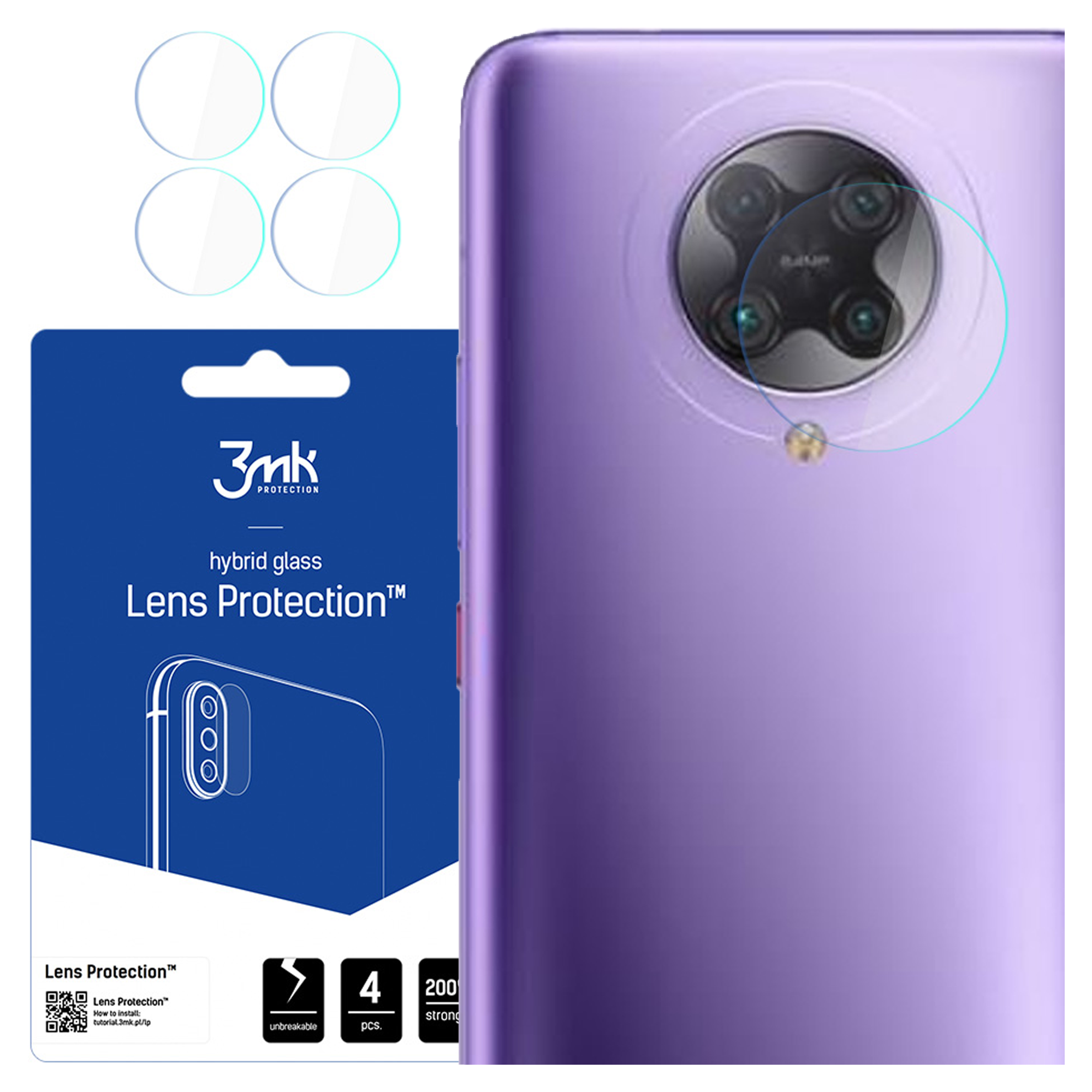 L'immagine mostra un telefono con un proteggi obiettivo, 4 copriobiettivo e una confezione blu.