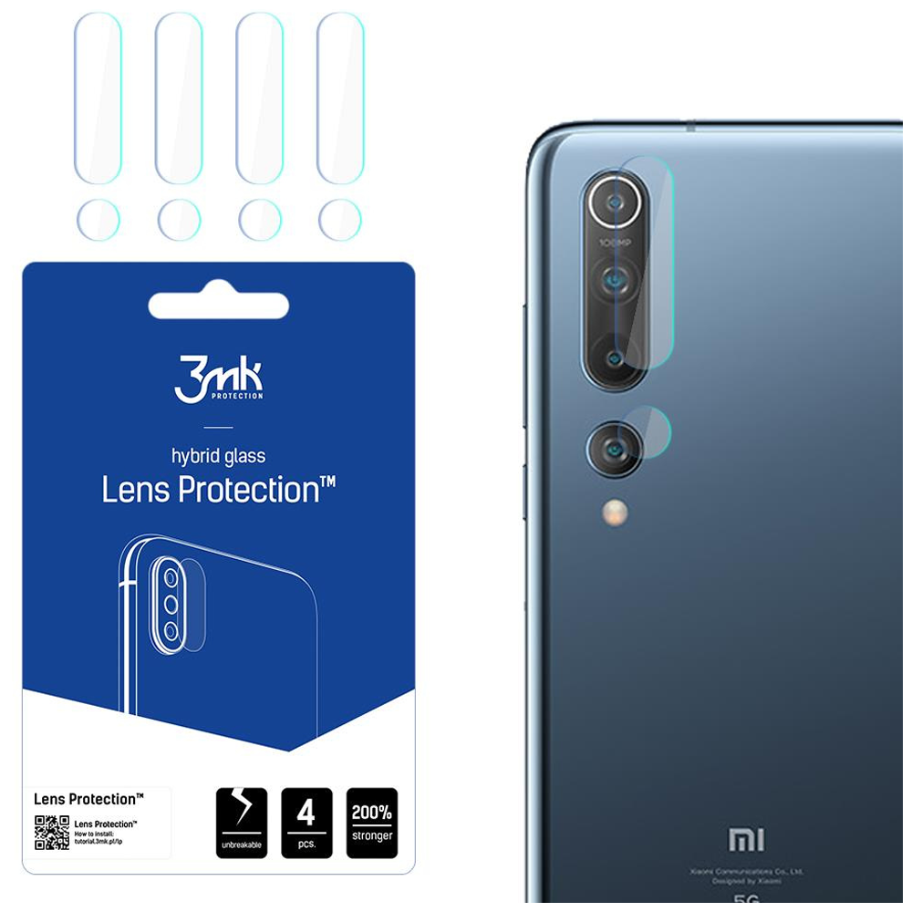 Vengono mostrati un telefono e un proteggi obiettivo. Il proteggi è sul telefono. La confezione è blu e bianca, con marchio e testo.