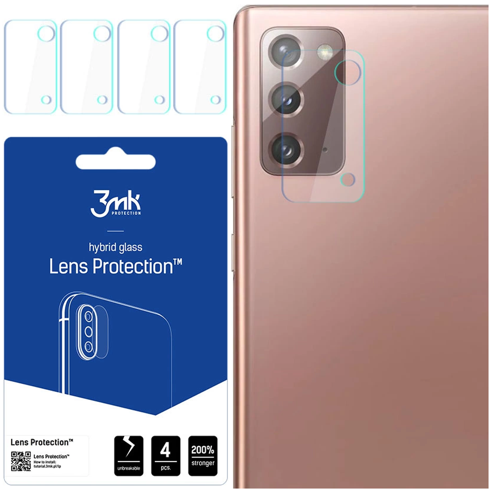 Un telefono e protezioni per lenti. Sulla sinistra c'è una confezione blu e bianca per la protezione delle lenti. Il telefono è a destra.