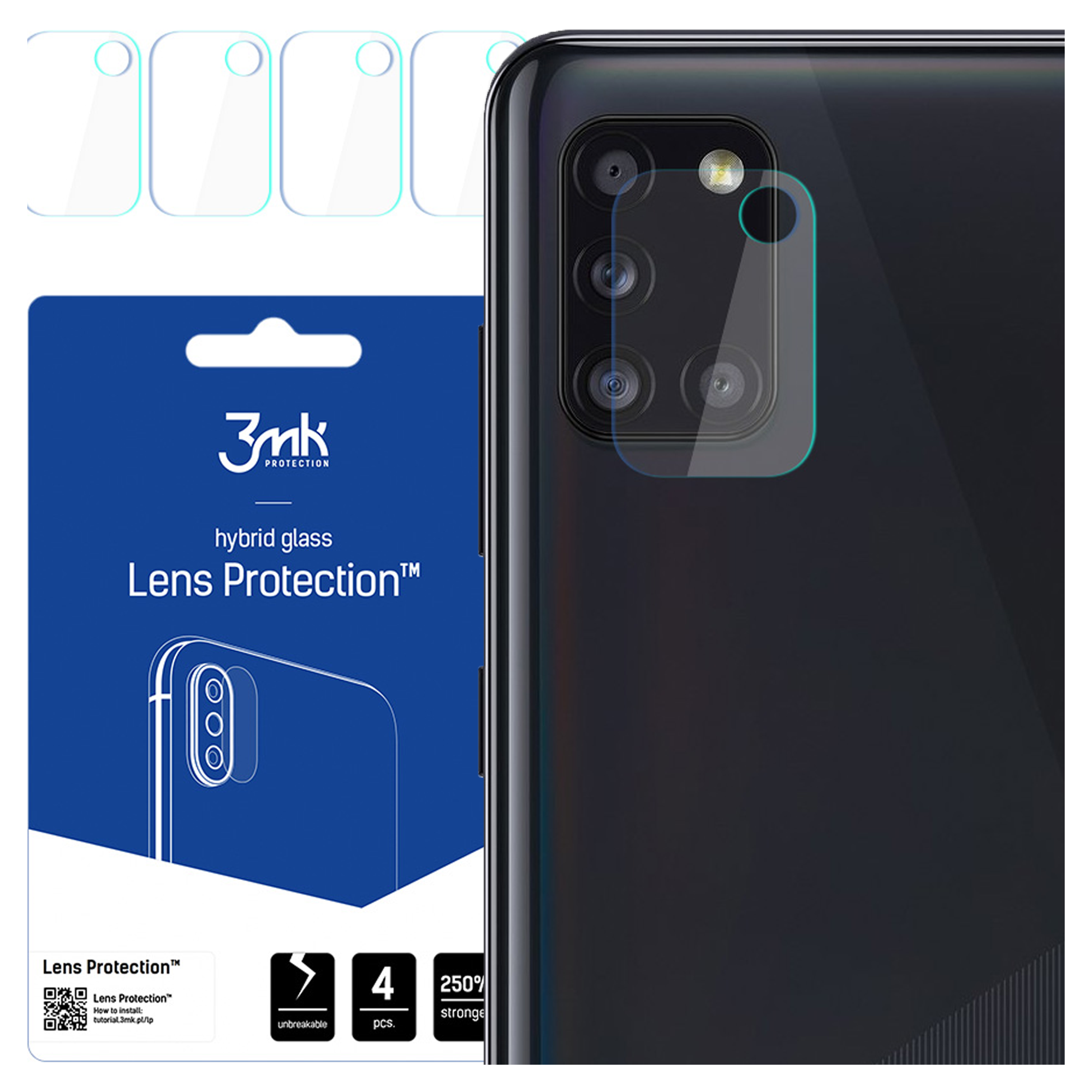 Un telefono con protezione per l'obiettivo. A sinistra c'è una confezione blu con la scritta 'Lens Protection'.
