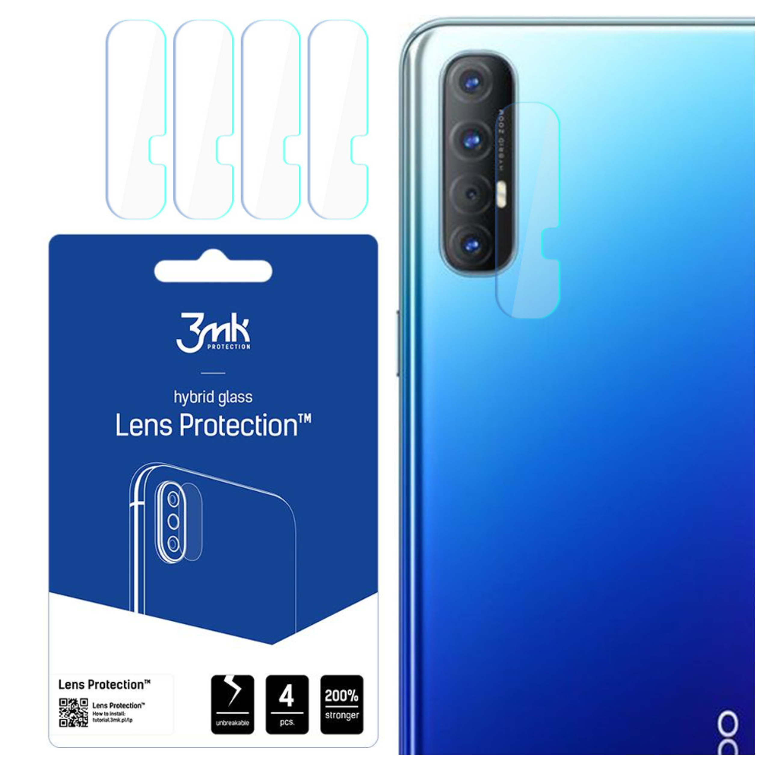 L'immagine mostra il retro blu di un telefono e una confezione di protezione dello schermo. La confezione contiene i dettagli del prodotto.