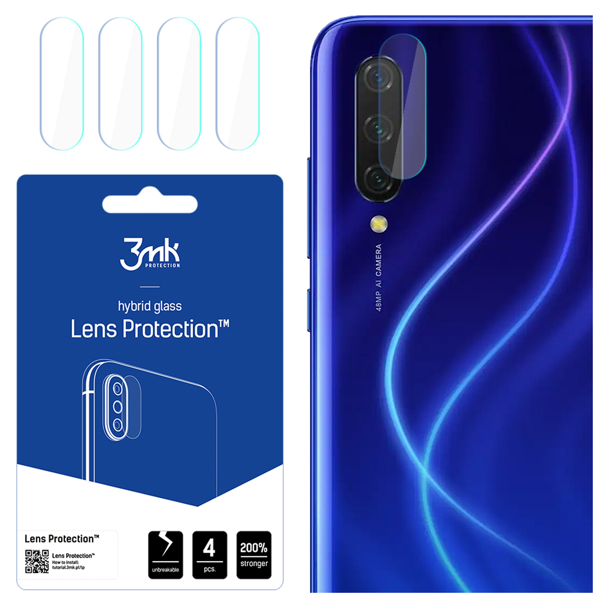 Vengono mostrati un telefono e protezioni per lo schermo. Il telefono ha un retro blu e le protezioni per lo schermo sono in una confezione.