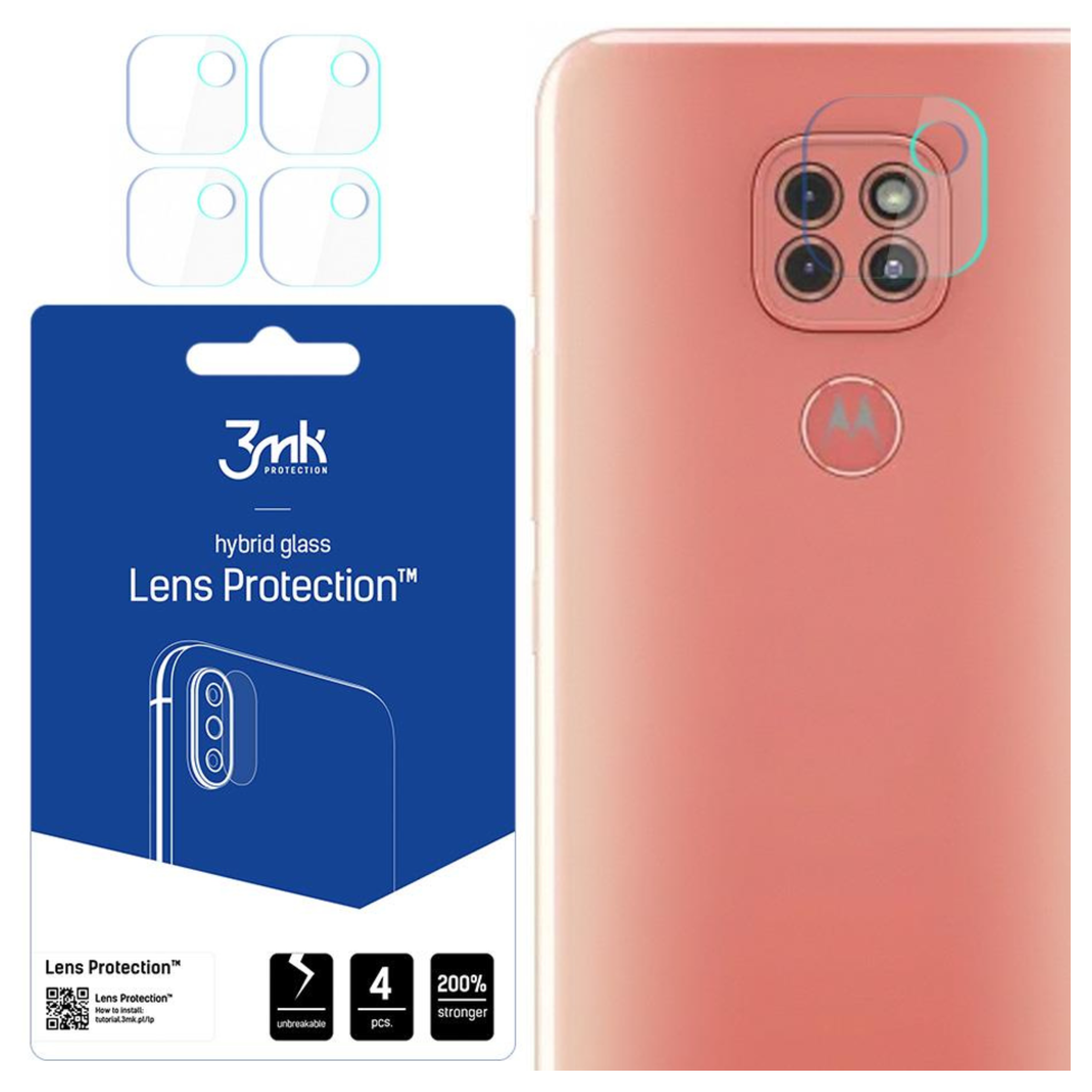 L'immagine mostra un telefono e una confezione di protezioni per lenti. Il telefono è rosa e la confezione blu e bianca.