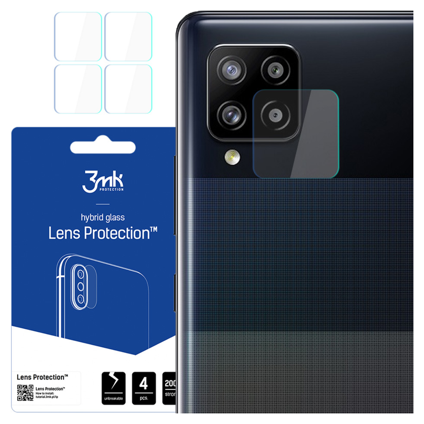 Un retro telefono con protezione fotocamera. Un pacchetto di prodotti, con il marchio '3mk'. Mostra la protezione dell'obiettivo e infrangibile.