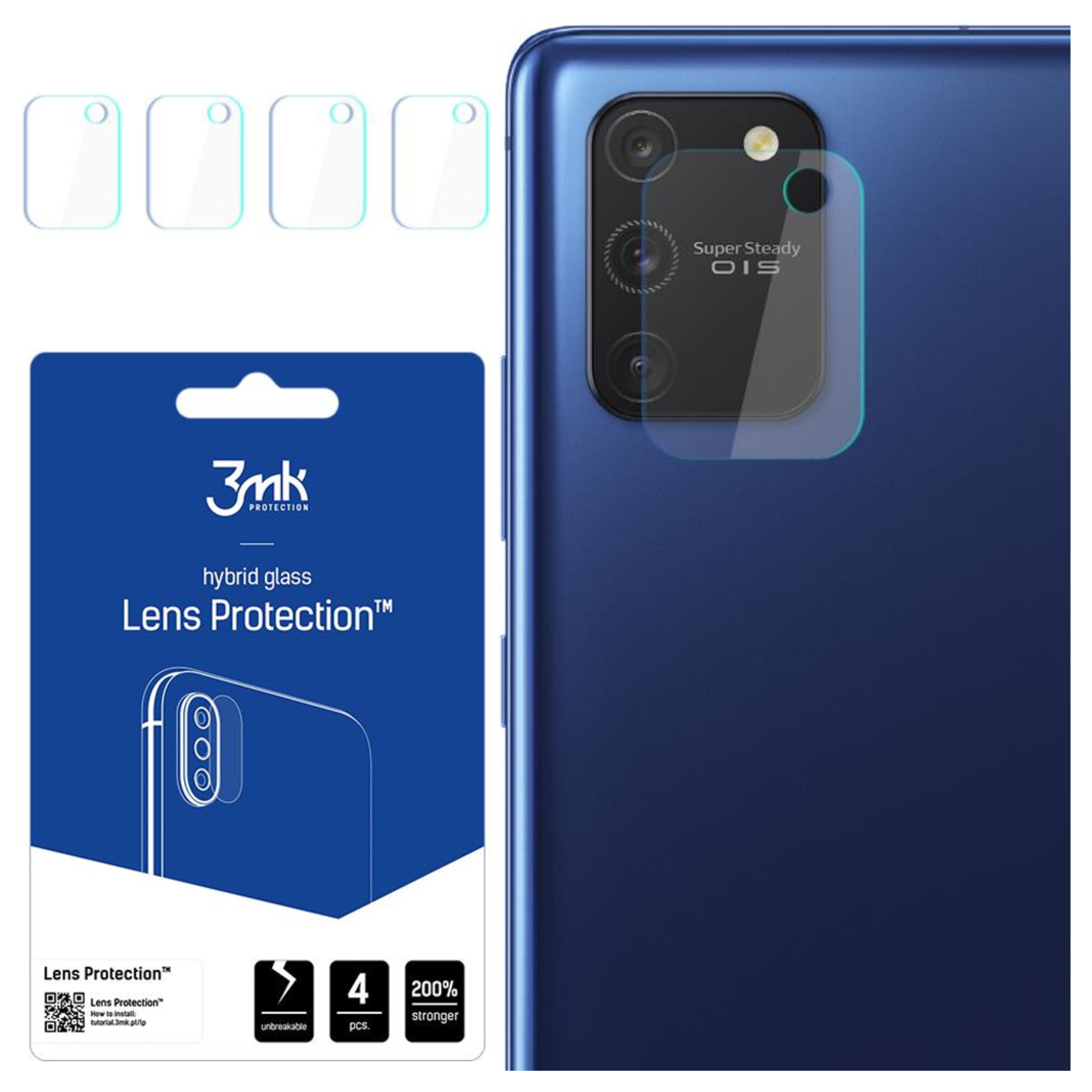 L'immagine mostra un telefono blu con un proteggi obiettivo, una confezione di protezione dell'obiettivo e diversi proteggi obiettivi trasparenti.