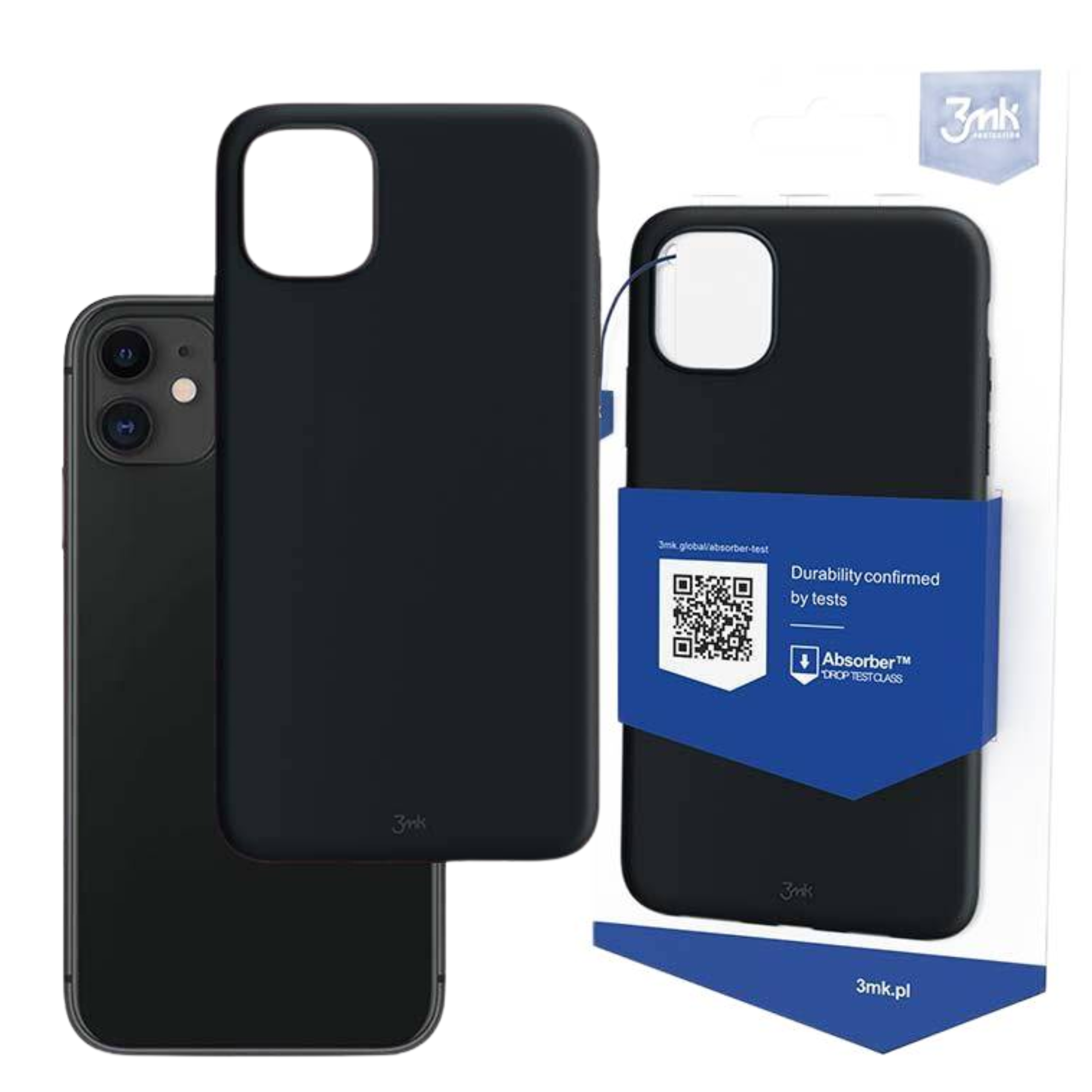 Czarny pokrowiec i telefon na białym tle. Etui na opakowaniu z niebieskim banerem. Tekst o trwałości.