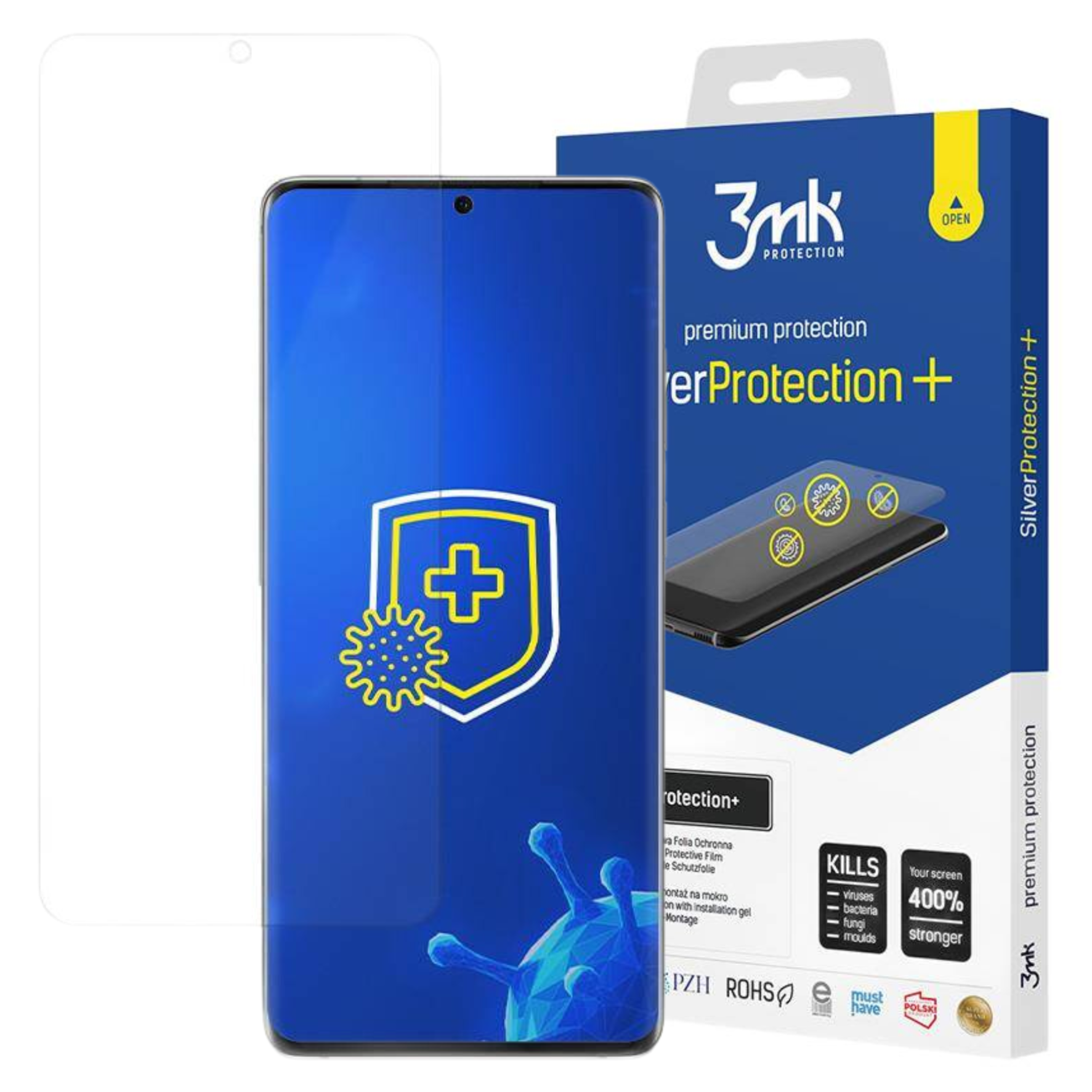 Ochraniacz ekranu telefonu i niebieskie pudełko. Pudełko z tekstem, zdjęciem telefonu i żółtą zakładką.